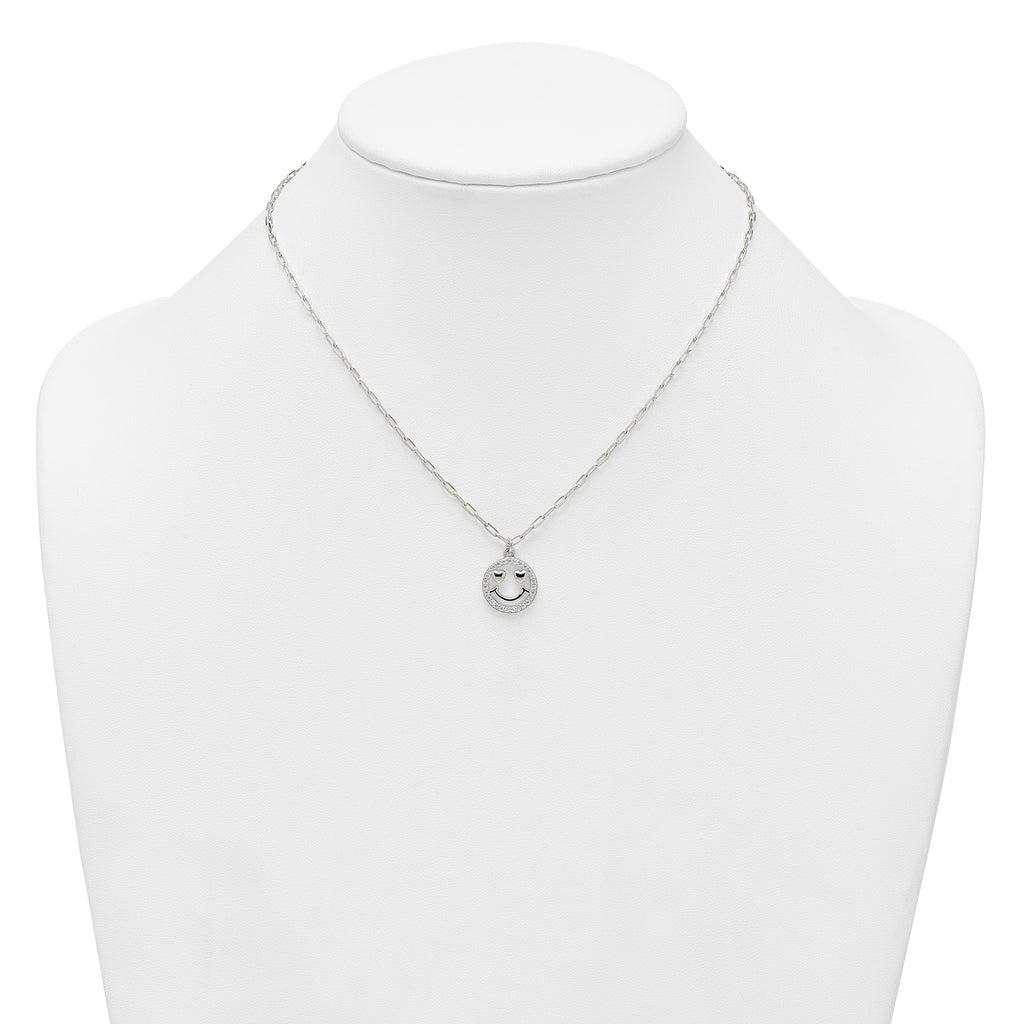 Sterling Silver Polished White CZ Smiley Face with Heart Eyes 16 inch Necklace