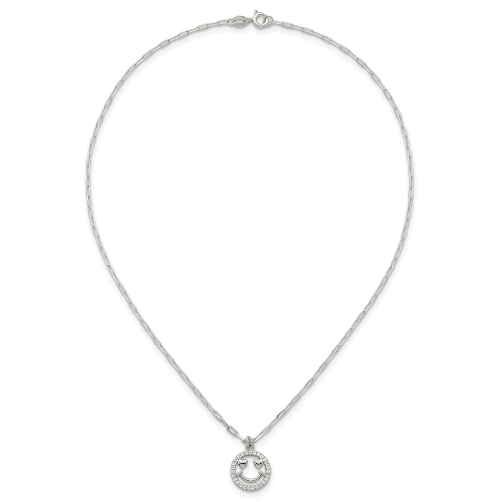 Sterling Silver Polished White CZ Smiley Face with Heart Eyes 16 inch Necklace