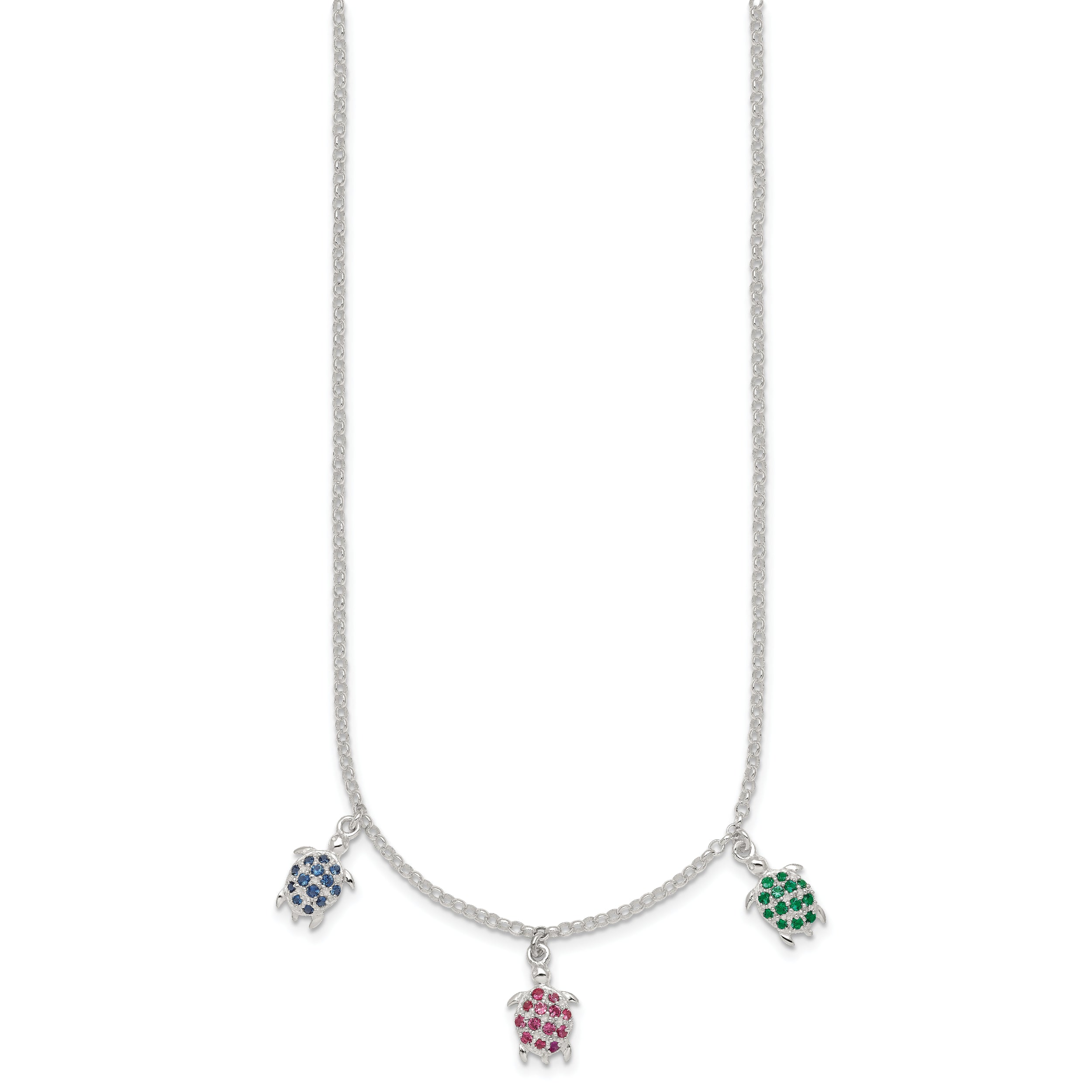 Sterling Silver Polished Green/Red/Blue Nano Crystal Turtles 16 inch Necklace