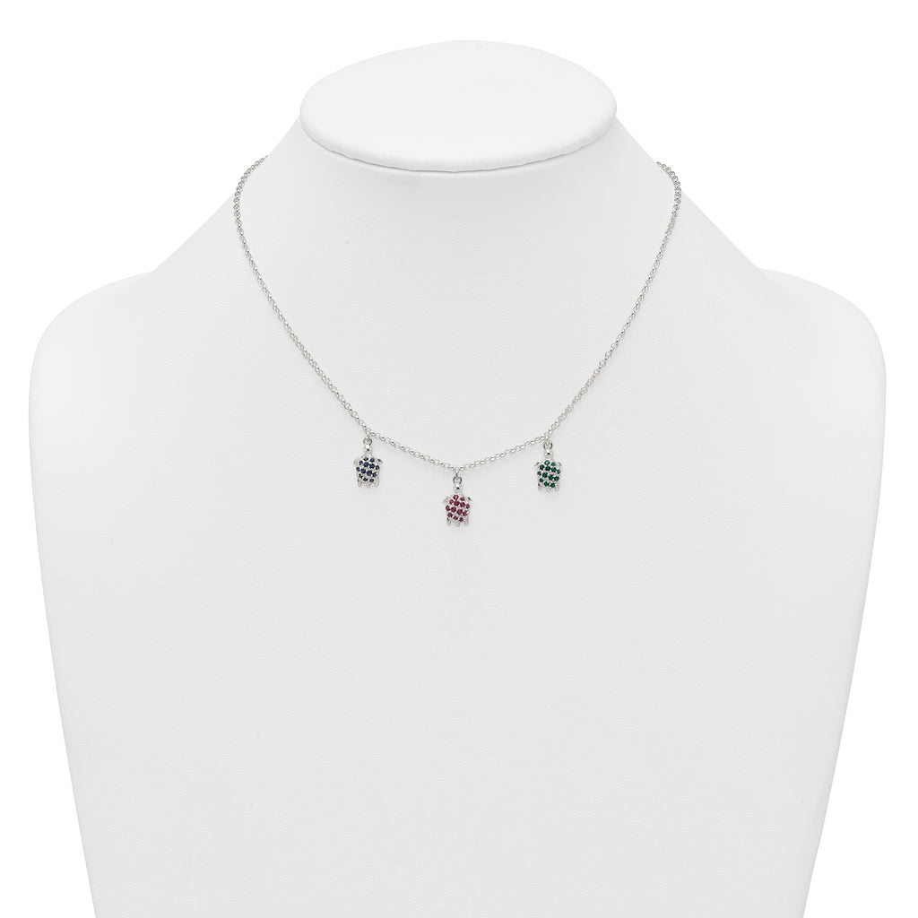 Sterling Silver Polished Green/Red/Blue Nano Crystal Turtles 16 inch Necklace