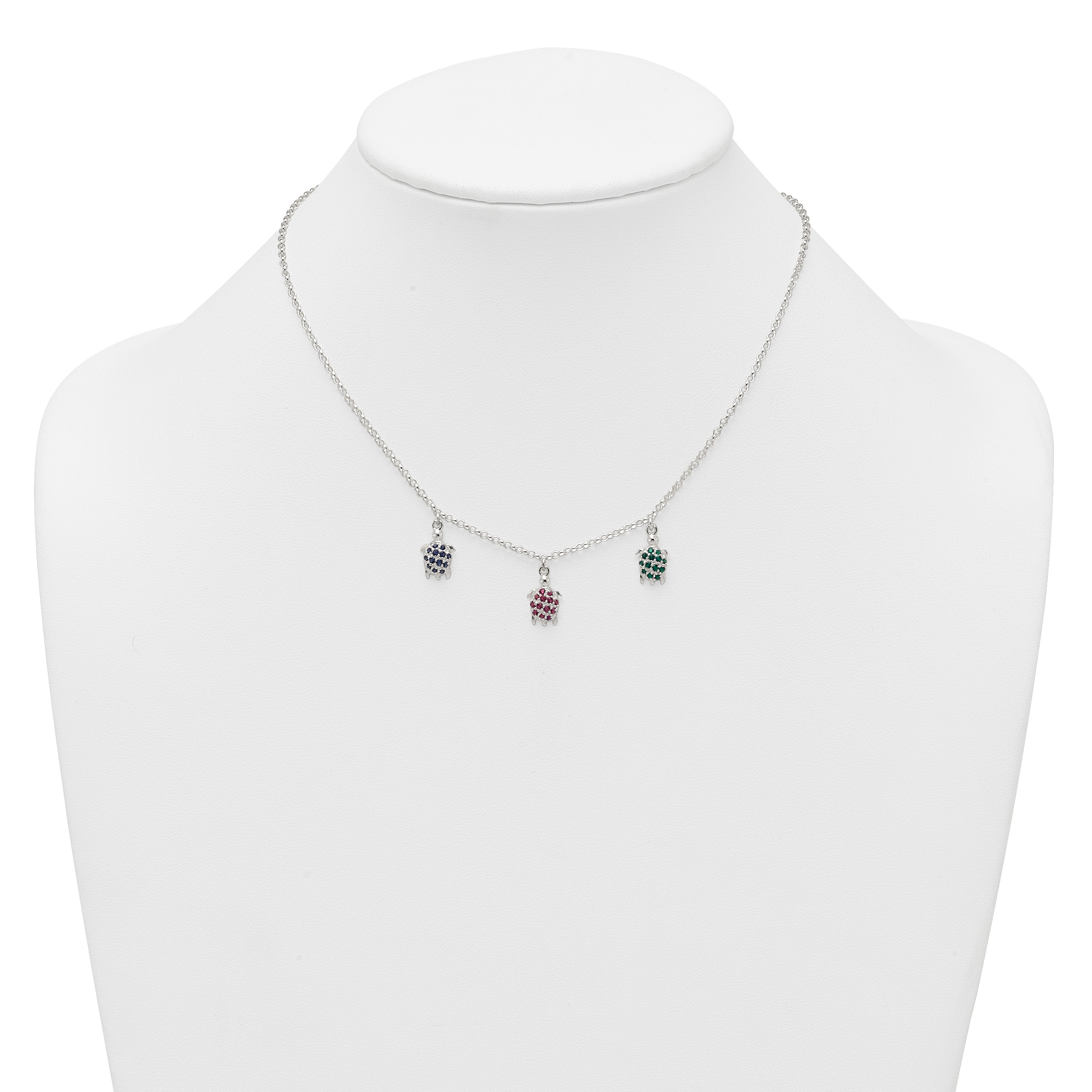 Sterling Silver Polished Green/Red/Blue Nano Crystal Turtles 16 inch Necklace