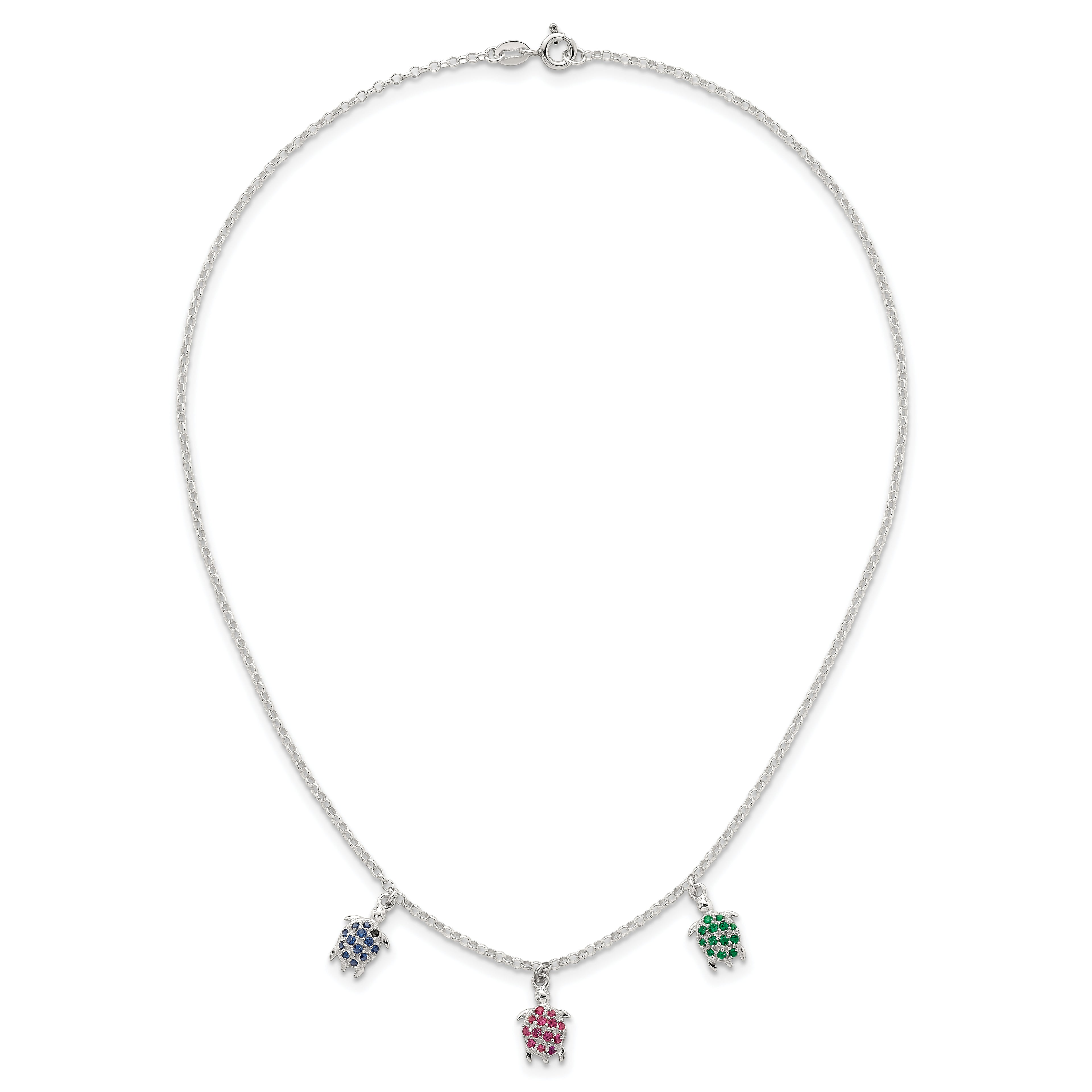 Sterling Silver Polished Green/Red/Blue Nano Crystal Turtles 16 inch Necklace