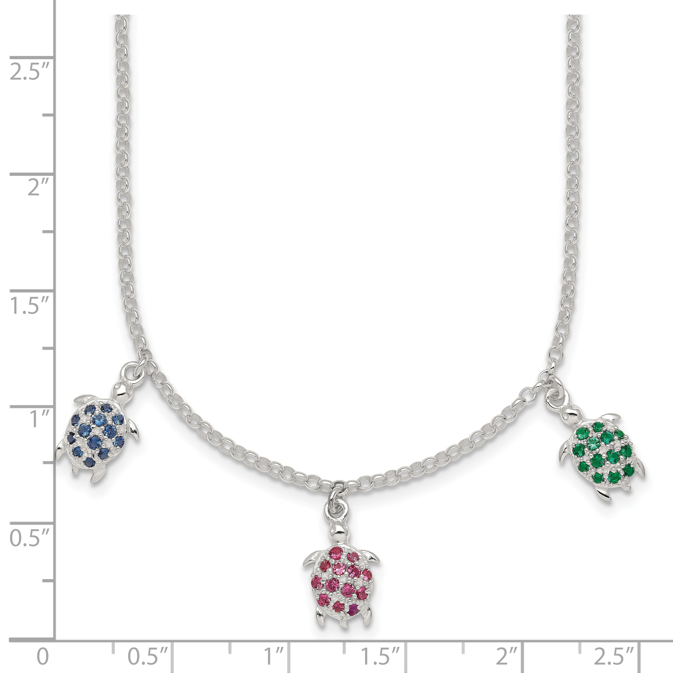 Sterling Silver Polished Green/Red/Blue Nano Crystal Turtles 16 inch Necklace
