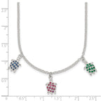 Sterling Silver Polished Green/Red/Blue Nano Crystal Turtles 16 inch Necklace