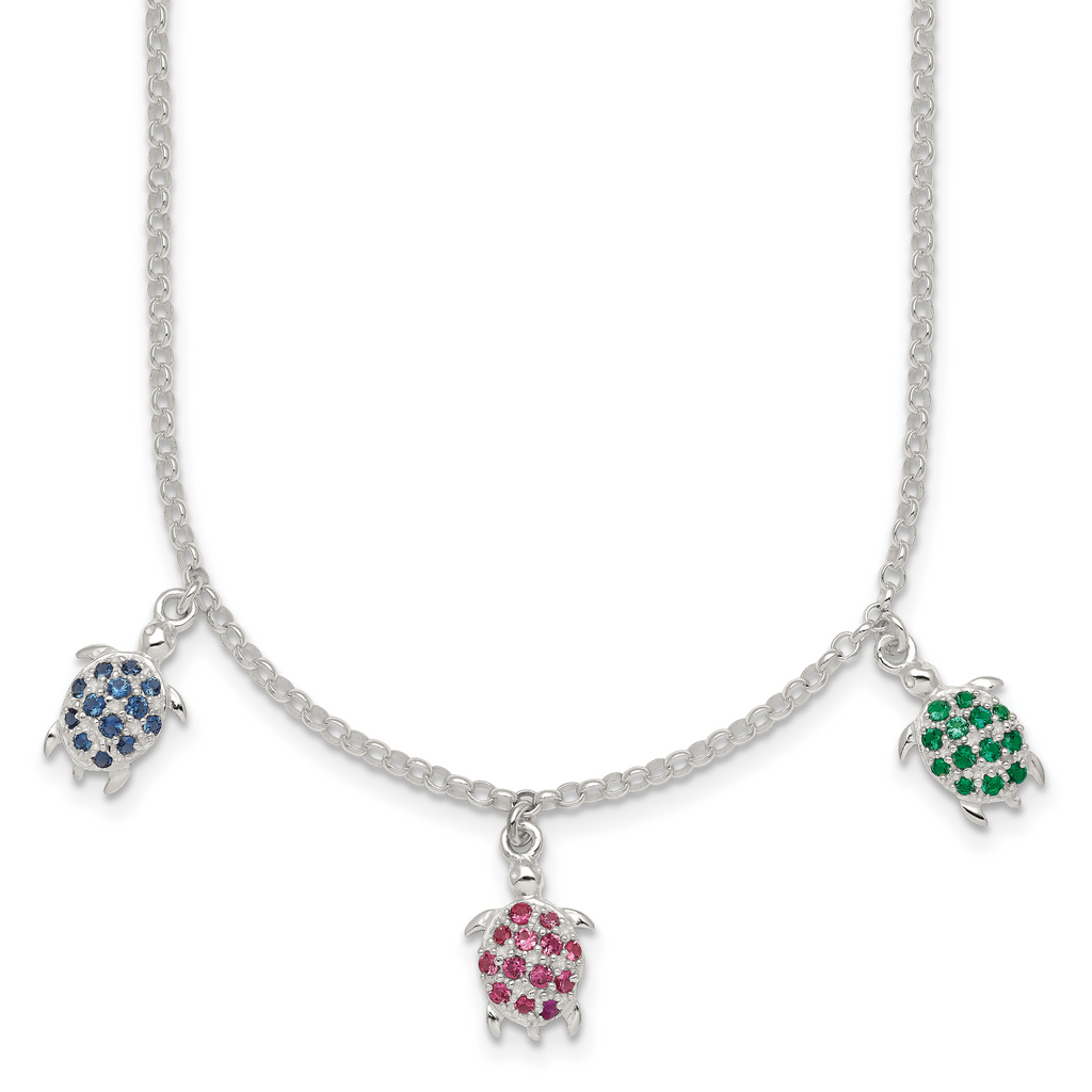 Sterling Silver Polished Green/Red/Blue Nano Crystal Turtles 16 inch Necklace