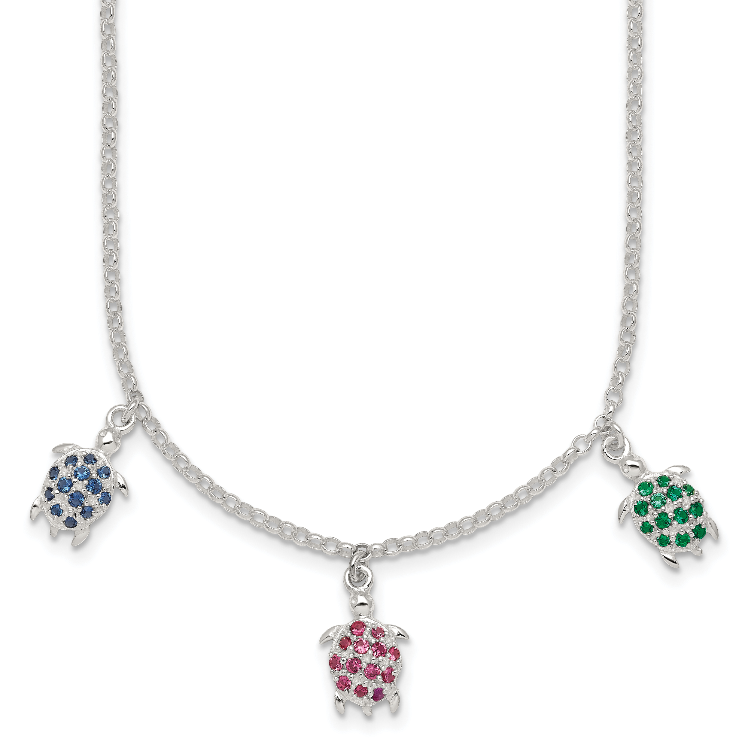 Sterling Silver Polished Green/Red/Blue Nano Crystal Turtles 16 inch Necklace
