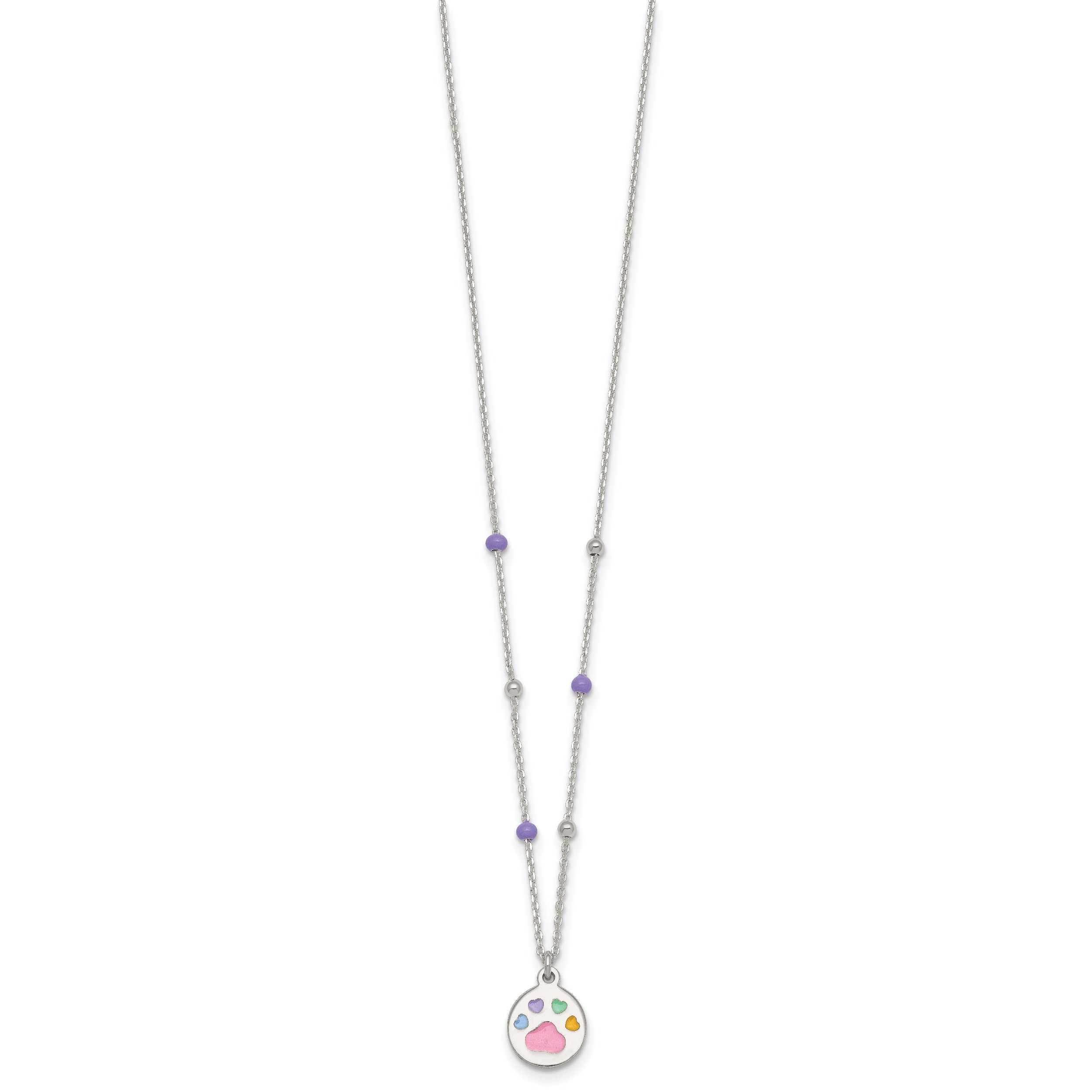 Sterling Silver Polished Beaded Enameled Multi-color Heart Pawprint Childrens 14 inch Necklace