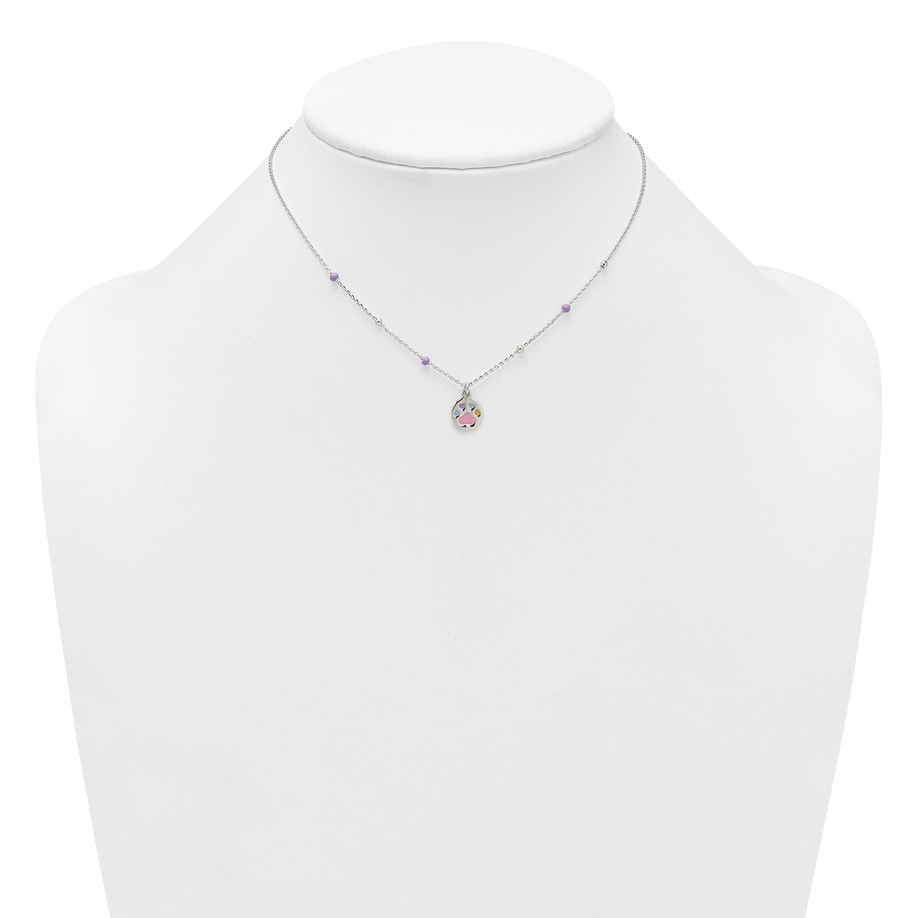 Sterling Silver Polished Beaded Enameled Multi-color Heart Pawprint Childrens 14 inch Necklace