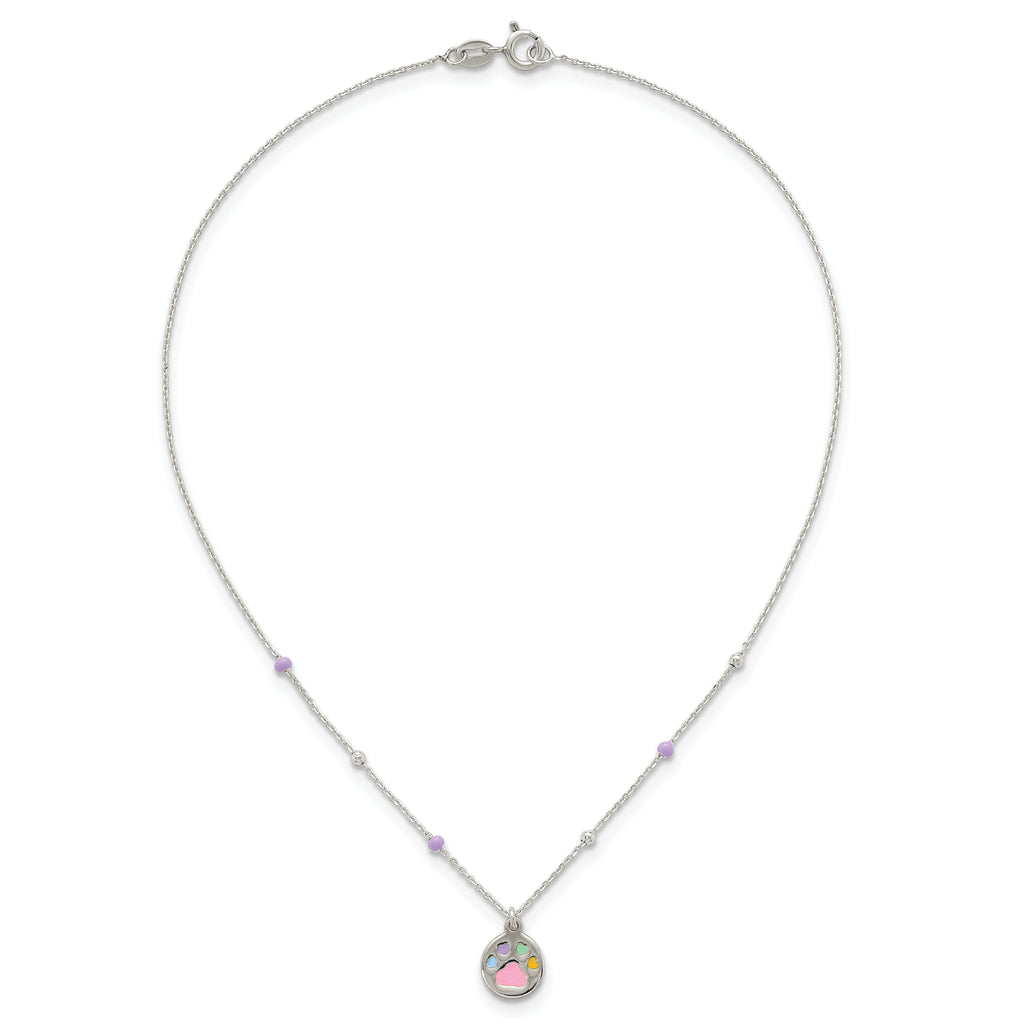 Sterling Silver Polished Beaded Enameled Multi-color Heart Pawprint Childrens 14 inch Necklace