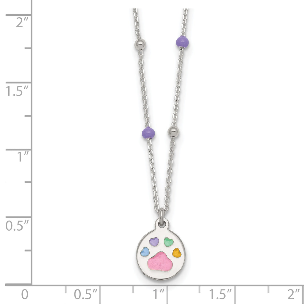 Sterling Silver Polished Beaded Enameled Multi-color Heart Pawprint Childrens 14 inch Necklace