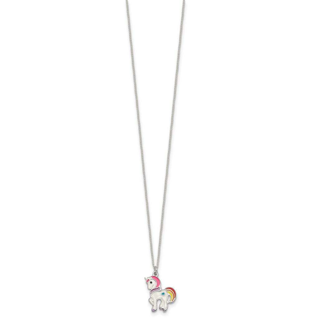 Sterling Silver Polished White and Rainbow Enameled Unicorn Childrens 14 inch Necklace