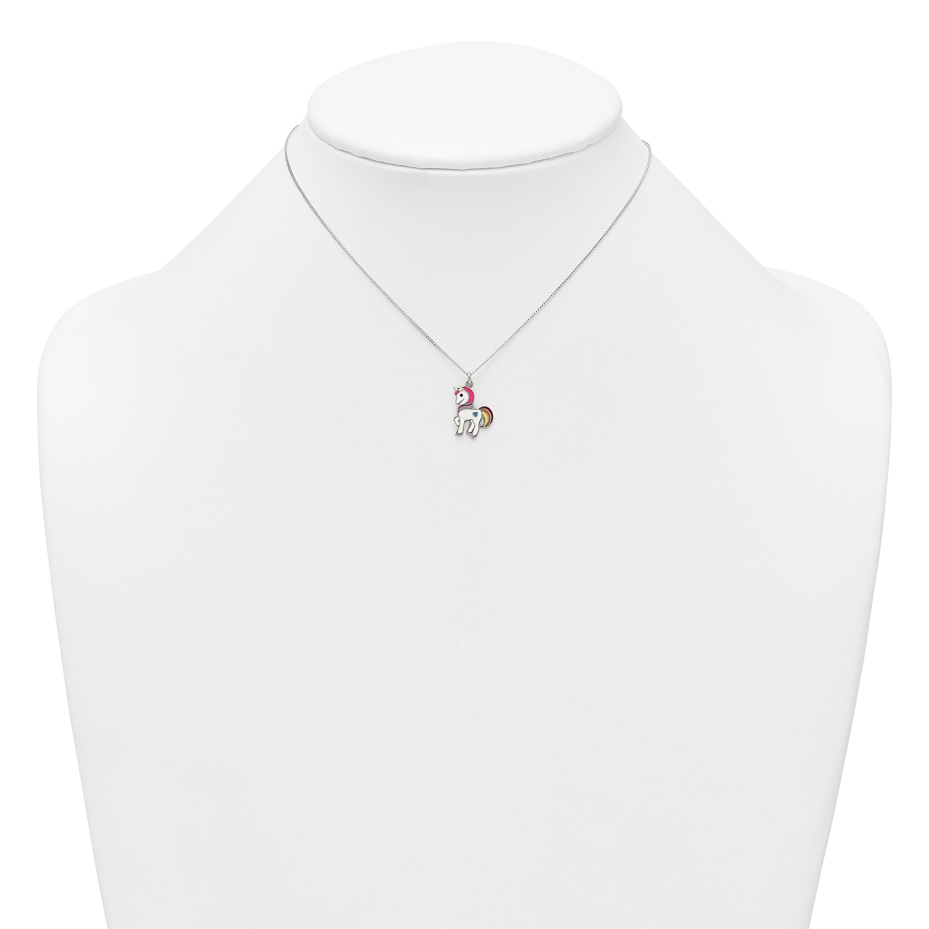 Sterling Silver Polished White and Rainbow Enameled Unicorn Childrens 14 inch Necklace