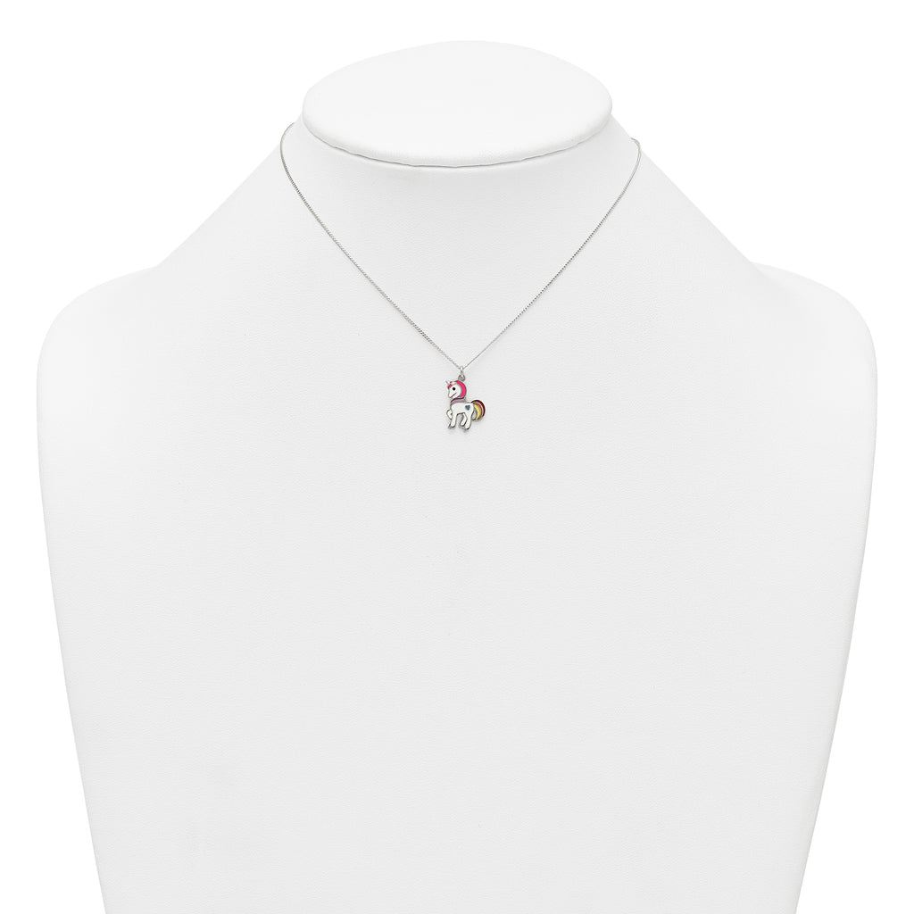 Sterling Silver Polished White and Rainbow Enameled Unicorn Childrens 14 inch Necklace