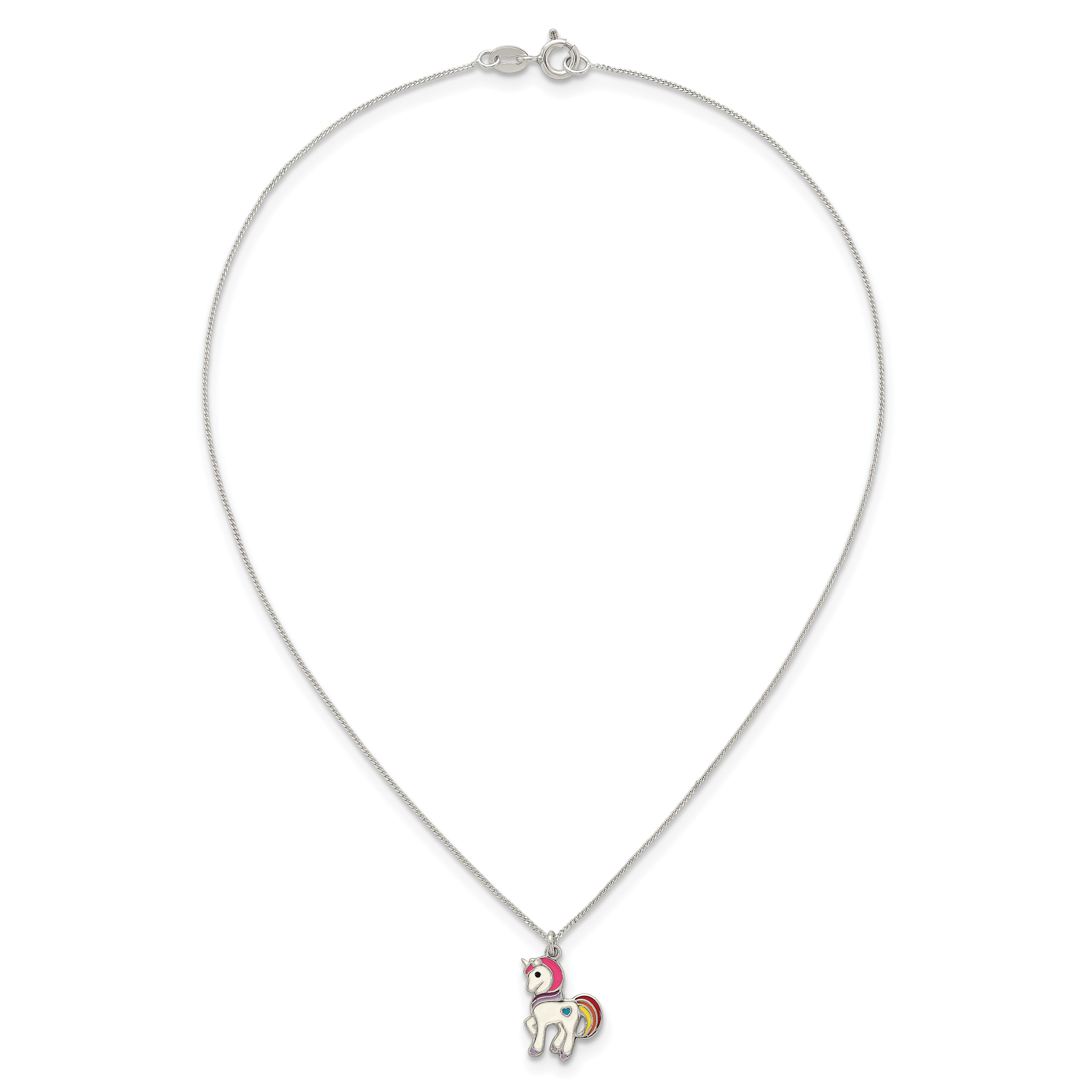 Sterling Silver Polished White and Rainbow Enameled Unicorn Childrens 14 inch Necklace
