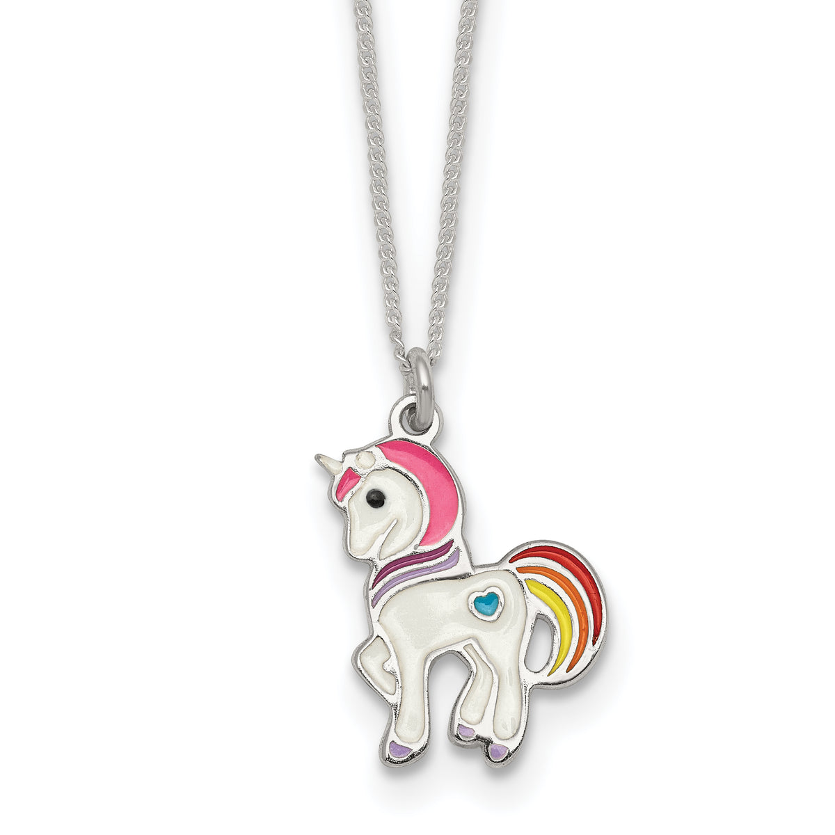 Sterling Silver Polished White and Rainbow Enameled Unicorn Childrens 14 inch Necklace