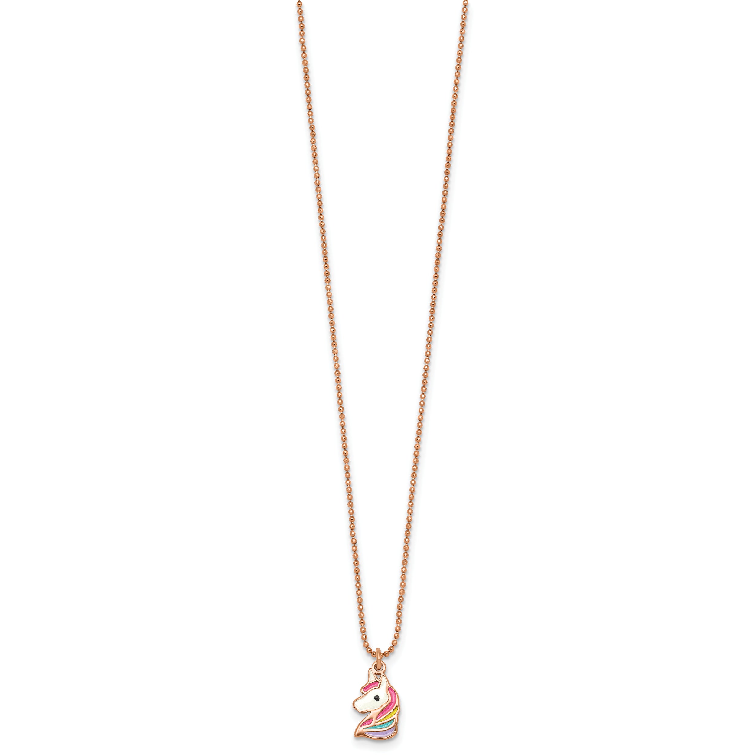 Sterling Silver Rose-tone Polished White and Rainbow Enameled Unicorn Childrens 14 inch Necklace