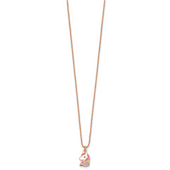 Sterling Silver Rose-tone Polished White and Rainbow Enameled Unicorn Childrens 14 inch Necklace