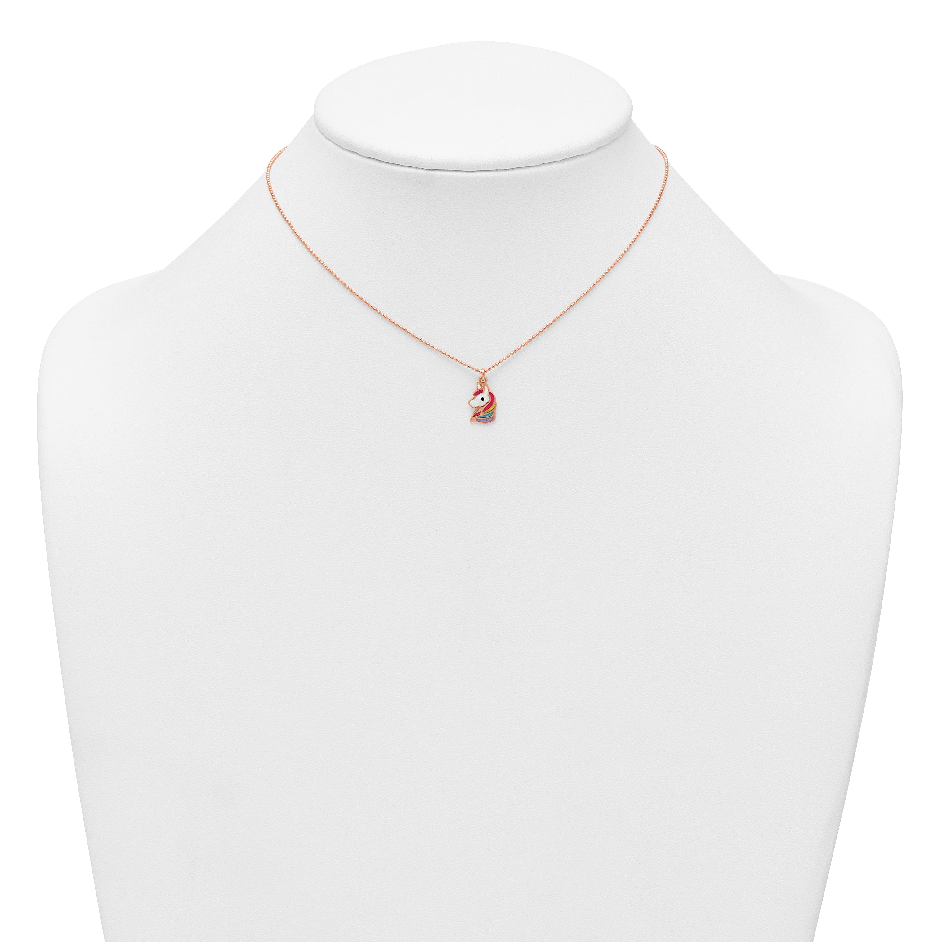 Sterling Silver Rose-tone Polished White and Rainbow Enameled Unicorn Childrens 14 inch Necklace