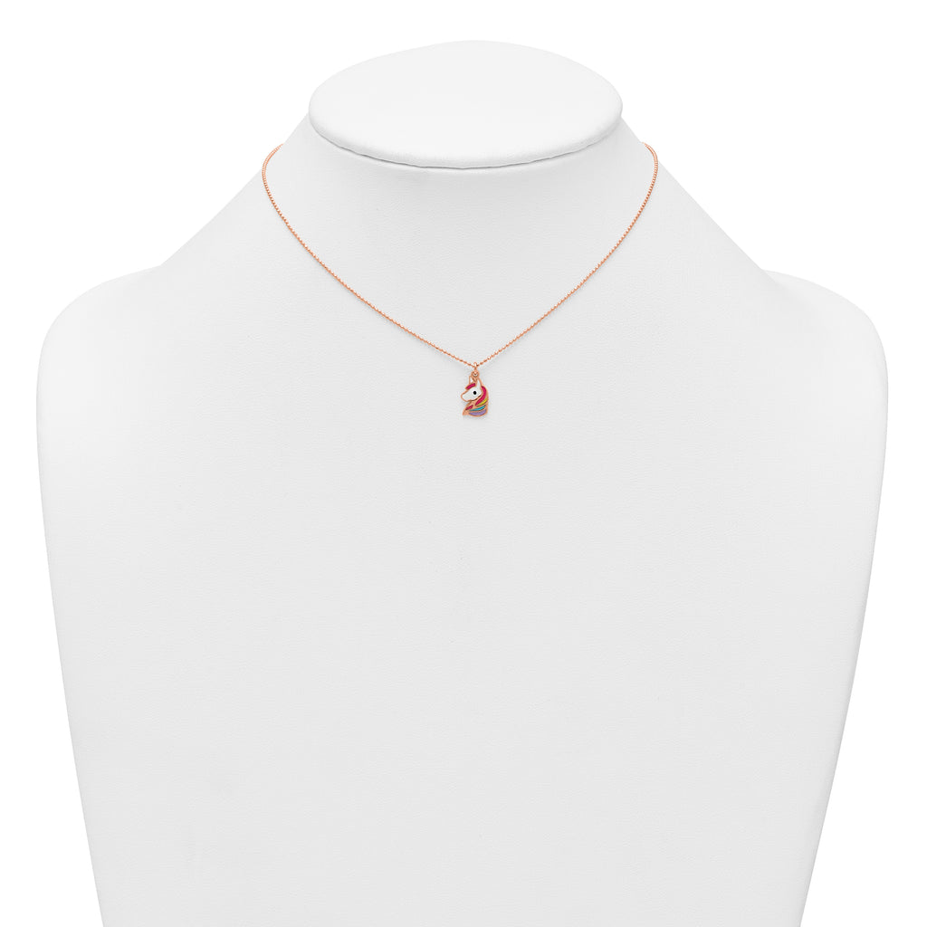 Sterling Silver Rose-tone Polished White and Rainbow Enameled Unicorn Childrens 14 inch Necklace