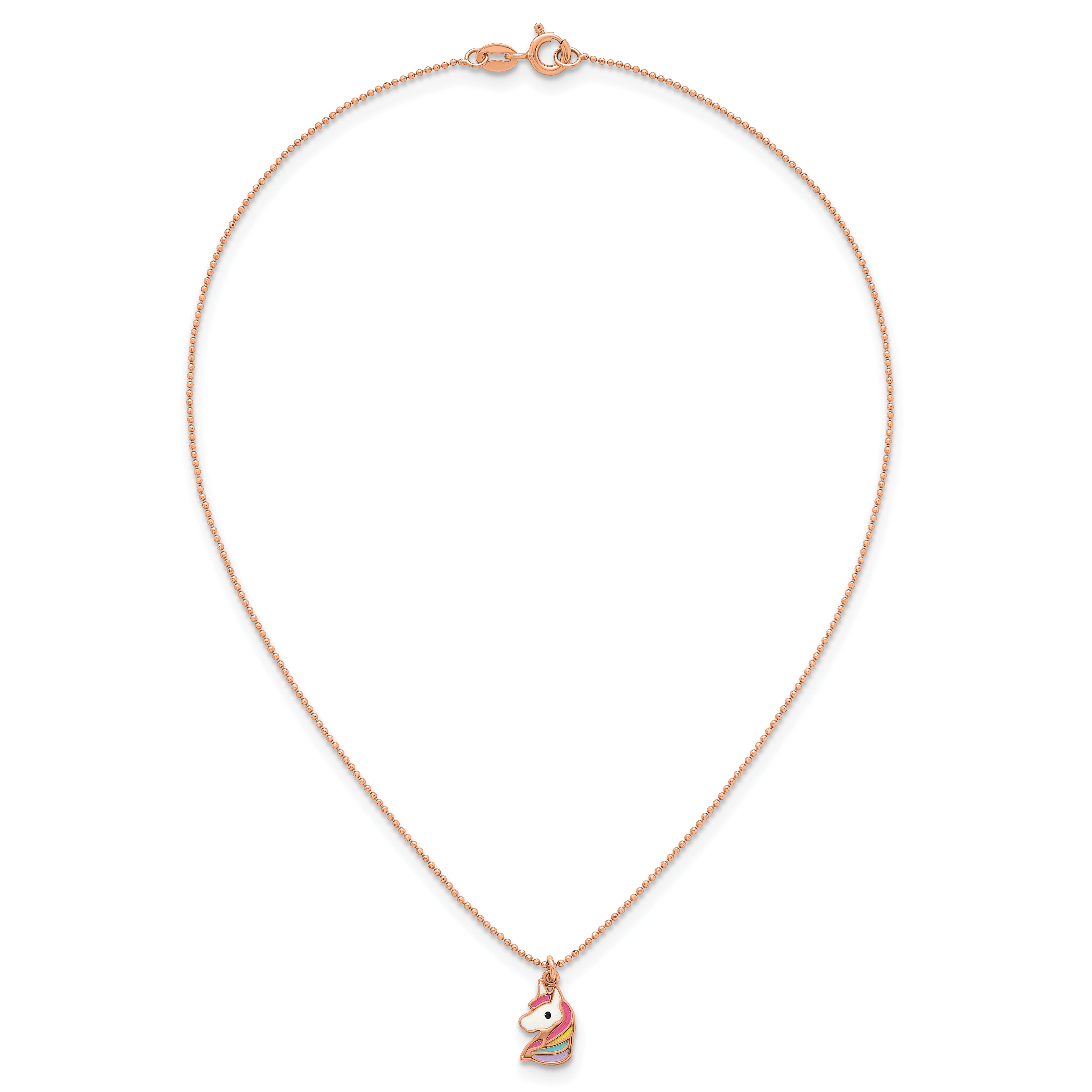 Sterling Silver Rose-tone Polished White and Rainbow Enameled Unicorn Childrens 14 inch Necklace