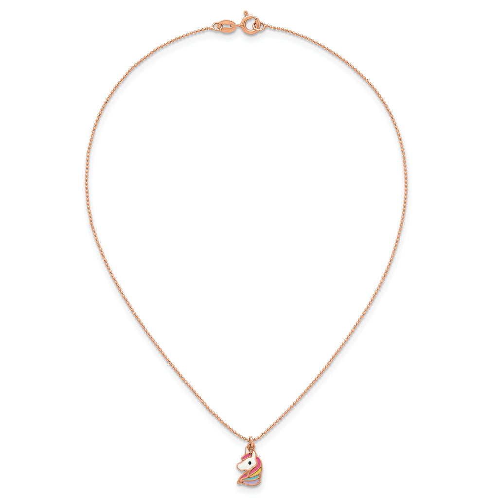 Sterling Silver Rose-tone Polished White and Rainbow Enameled Unicorn Childrens 14 inch Necklace