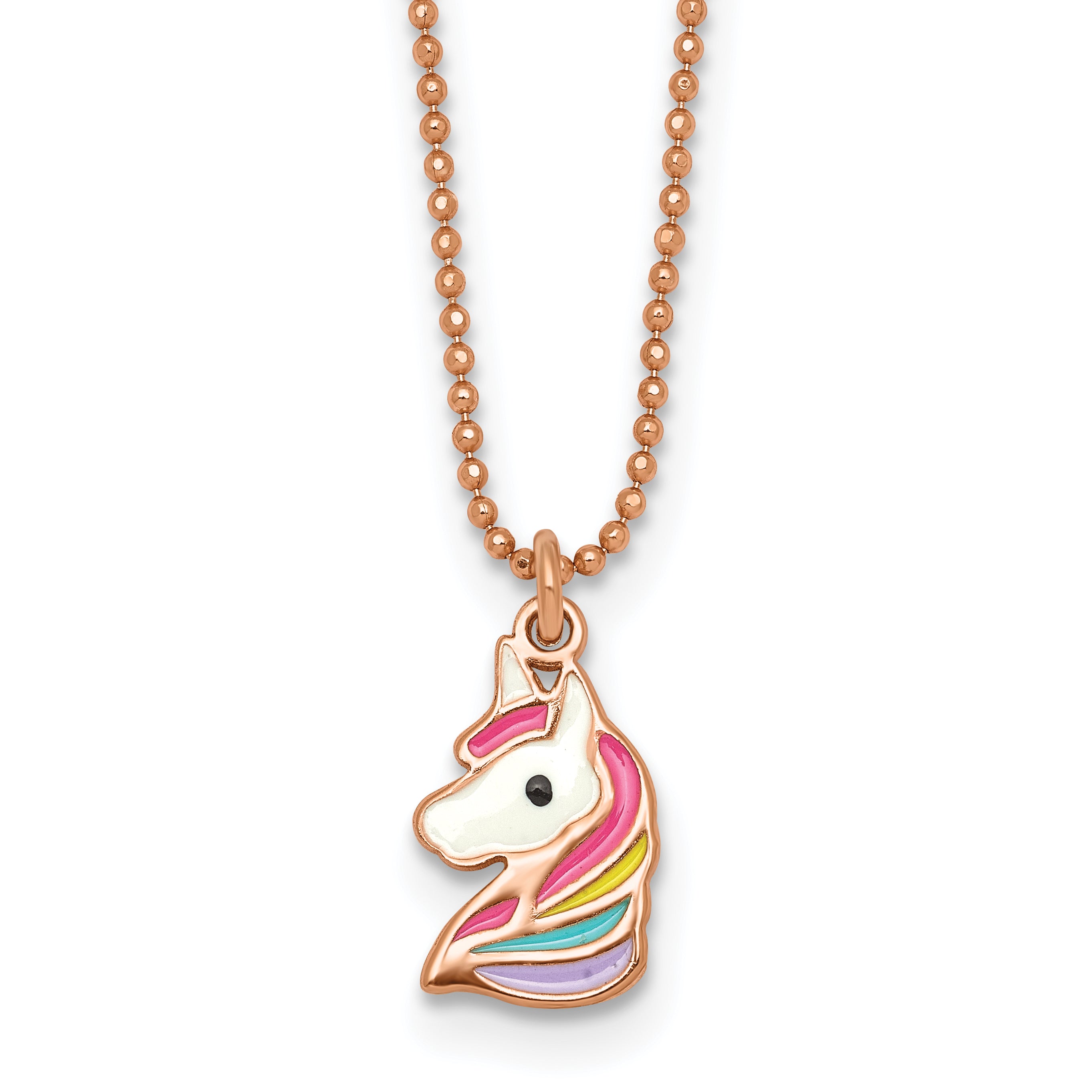 Sterling Silver Rose-tone Polished White and Rainbow Enameled Unicorn Childrens 14 inch Necklace Main image