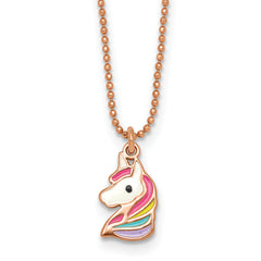 Sterling Silver Rose-tone Polished White and Rainbow Enameled Unicorn Childrens 14 inch Necklace