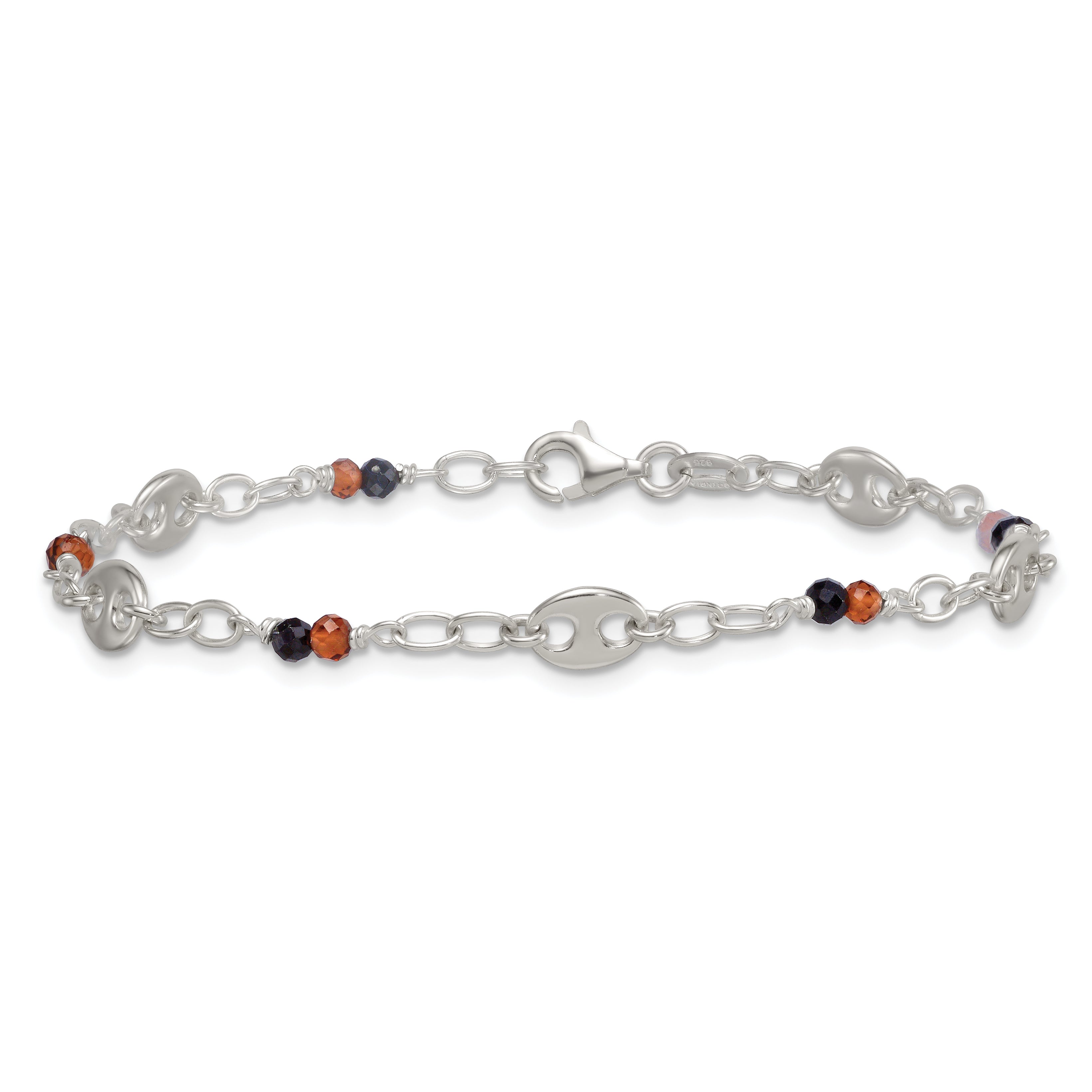 Sterling Silver Polished and Beaded Garnet and Spinel Fancy Link 7.5 inch Bracelet