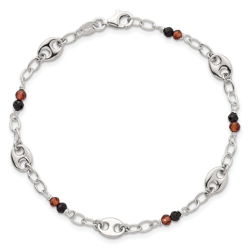 Sterling Silver Polished and Beaded Garnet and Spinel Fancy Link 7.5 inch Bracelet