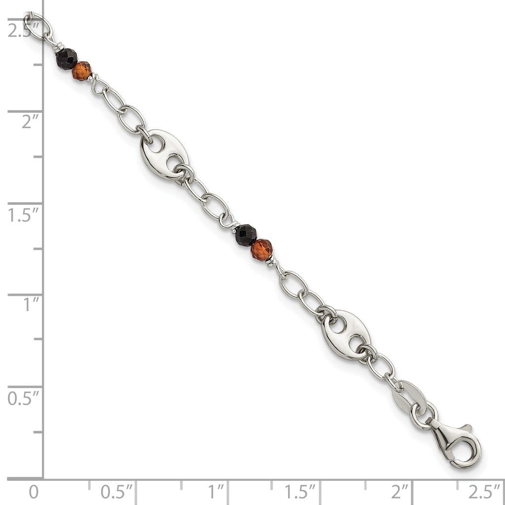 Sterling Silver Polished and Beaded Garnet and Spinel Fancy Link 7.5 inch Bracelet