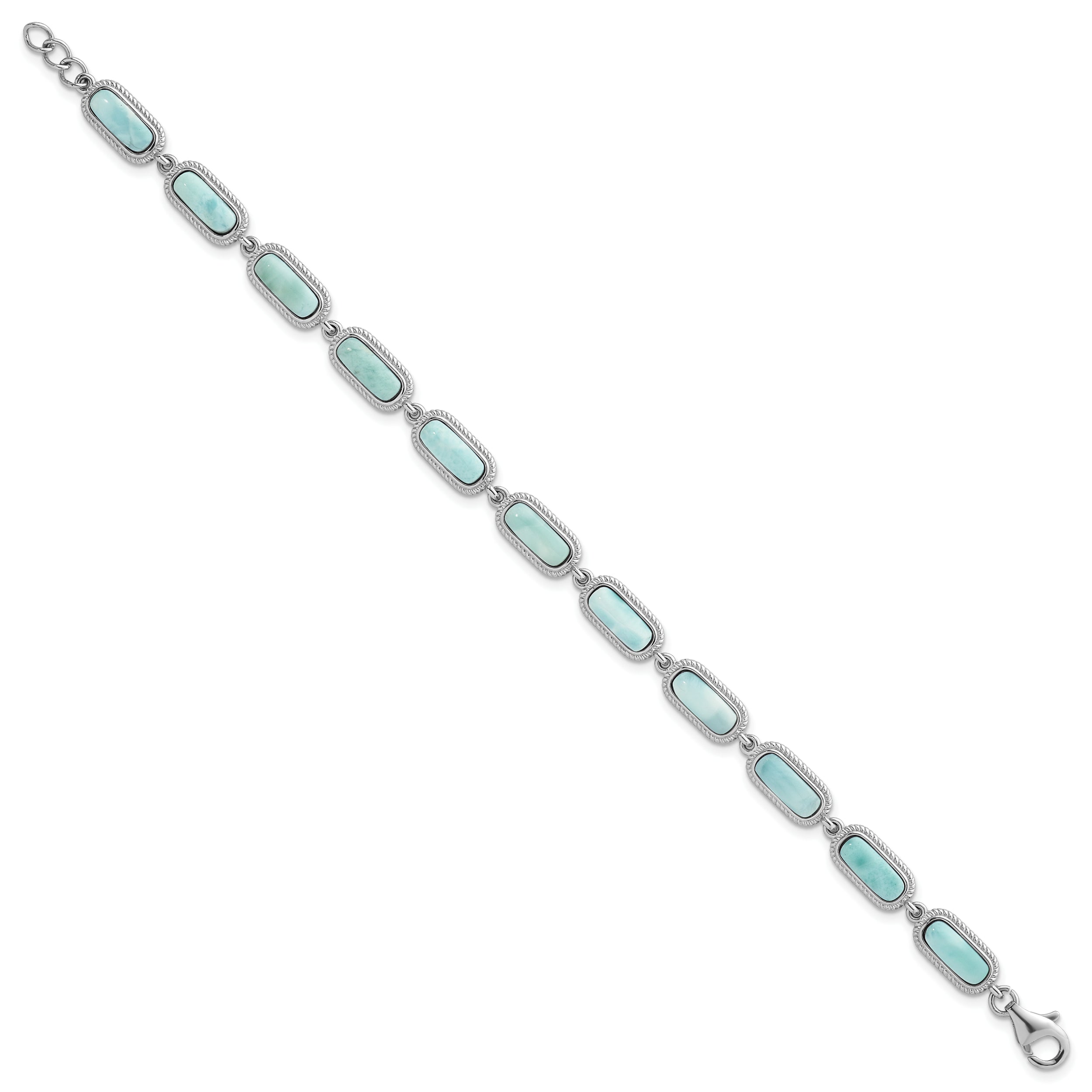 Sterling Silver Rhodium-plated Polished and Twisted Fancy Larimar 7.5 Inch with .25 Inch Extension Bracelet