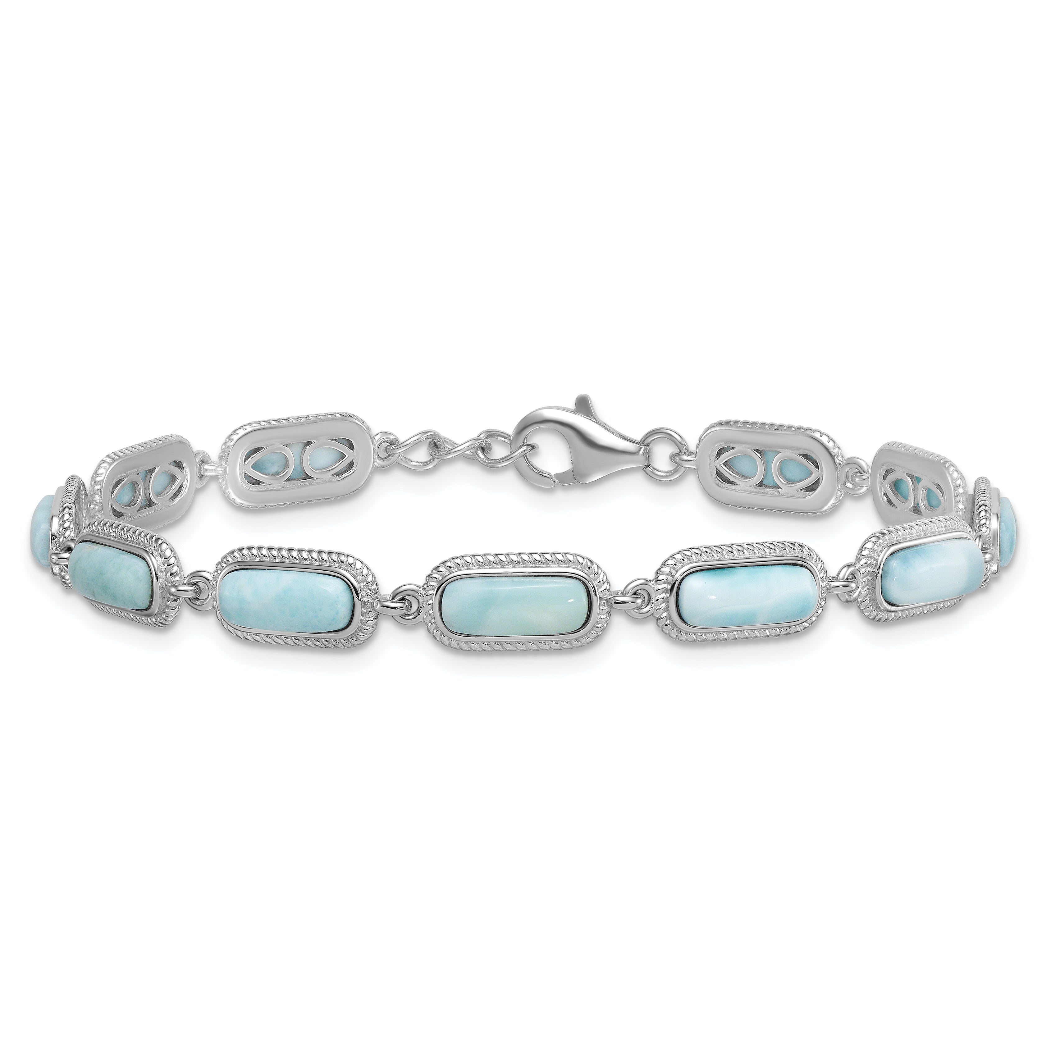 Sterling Silver Rhodium-plated Polished and Twisted Fancy Larimar 7.5 Inch with .25 Inch Extension Bracelet
