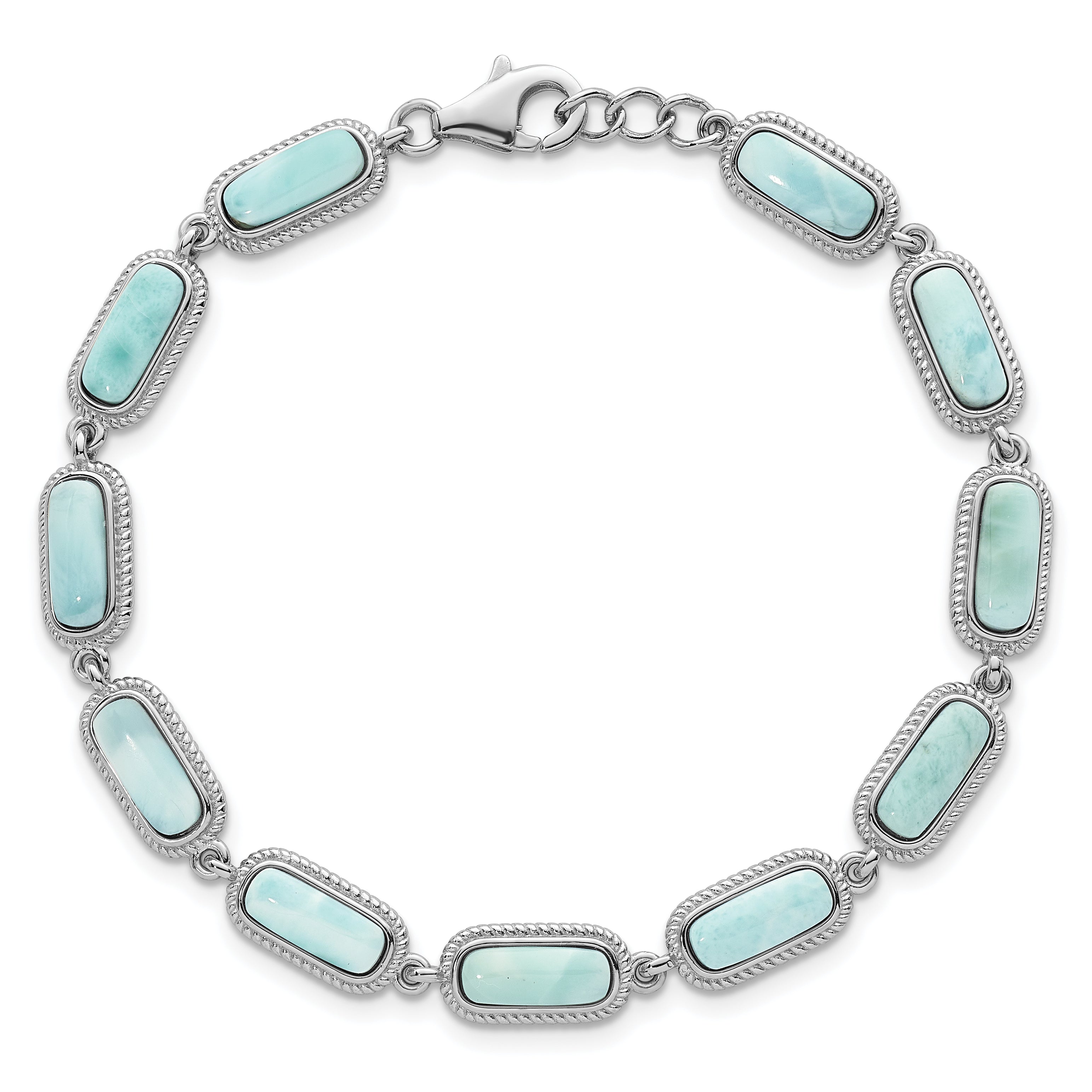 Sterling Silver Rhodium-plated Polished and Twisted Fancy Larimar 7.5 Inch with .25 Inch Extension Bracelet