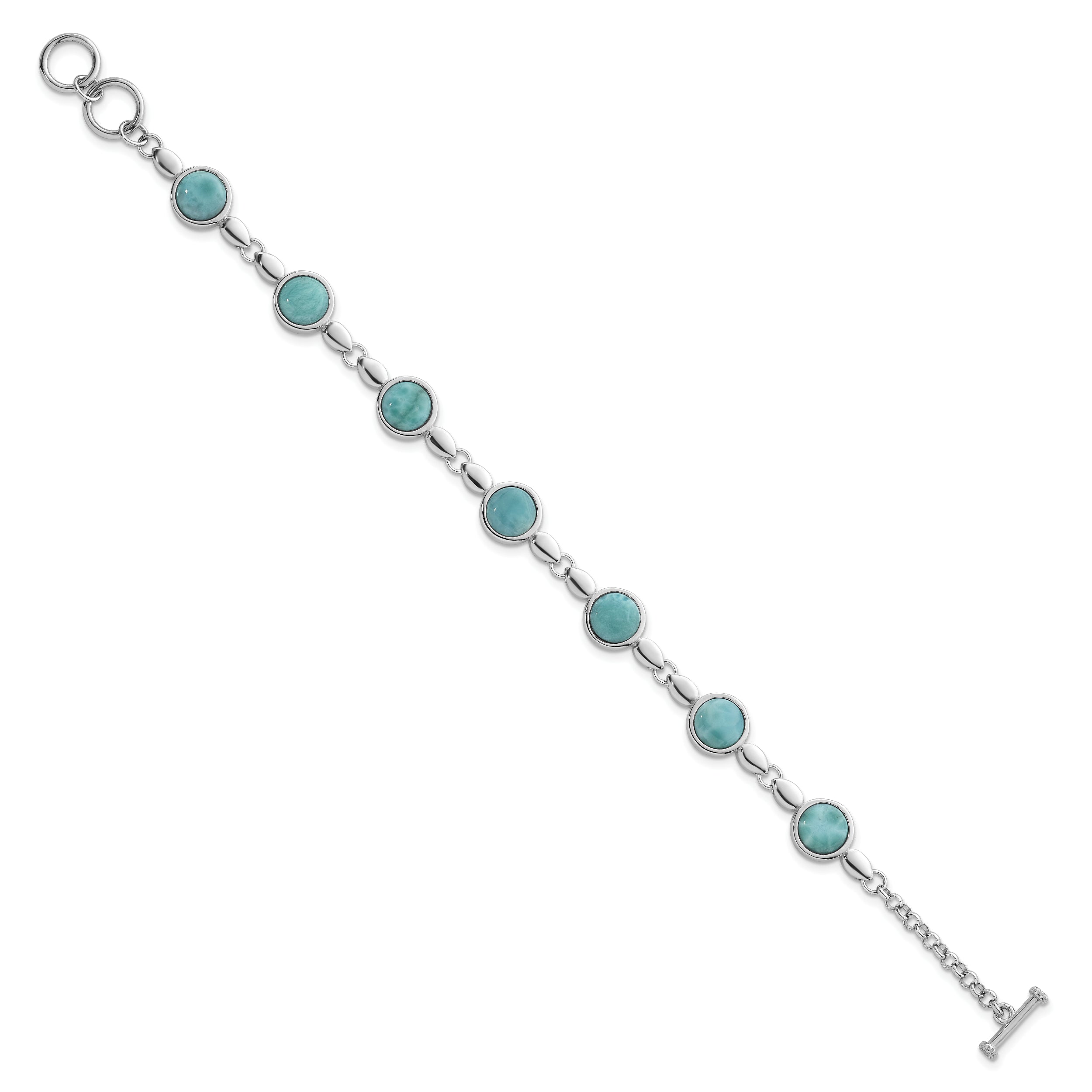 Sterling Silver Rhodium-plated Polished Fancy Round Larimar Cabochon 8 Inch Toggle Bracelet