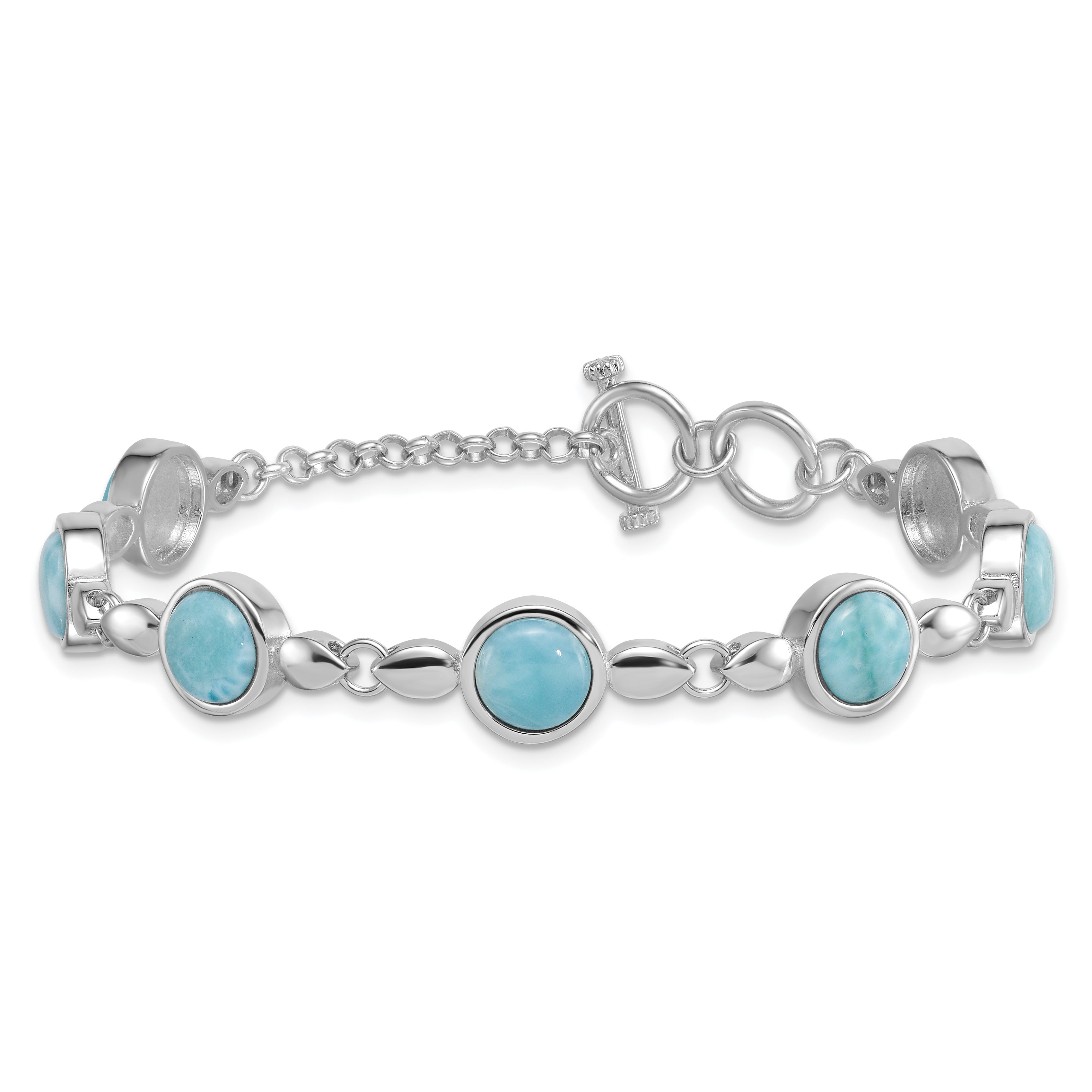 Sterling Silver Rhodium-plated Polished Fancy Round Larimar Cabochon 8 Inch Toggle Bracelet