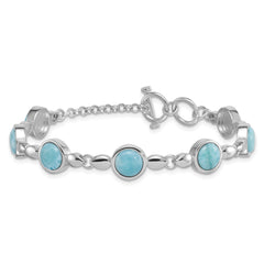 Sterling Silver Rhodium-plated Polished Fancy Round Larimar Cabochon 8 Inch Toggle Bracelet