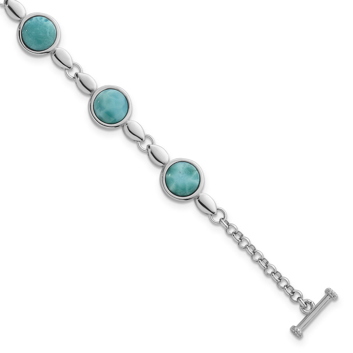 Sterling Silver Rhodium-plated Polished Fancy Round Larimar Cabochon 8 Inch Toggle Bracelet