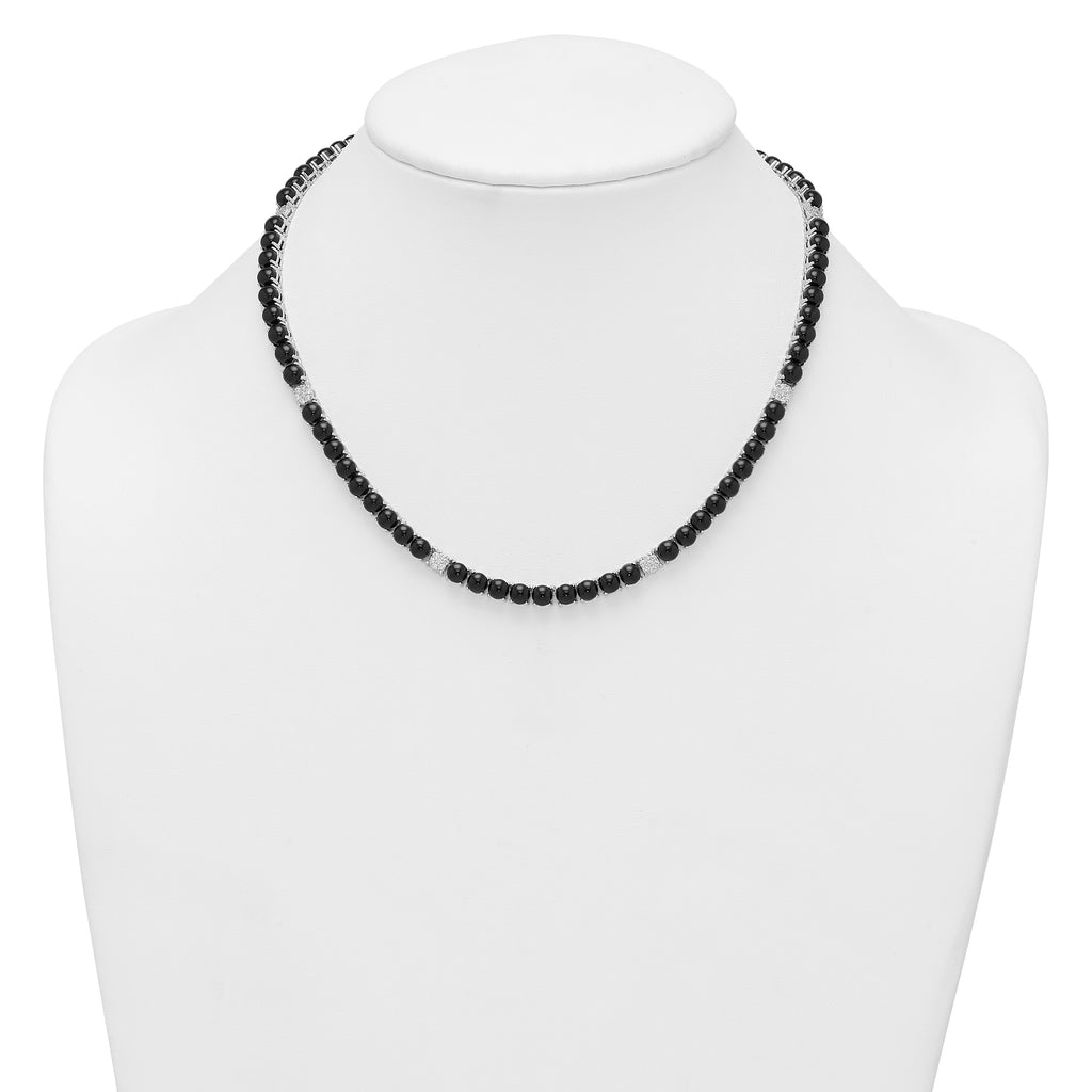 Sterling Silver Rhodium-plated Polished Pave CZ and Onyx 17 Inch with 3 Inch Extension Necklace