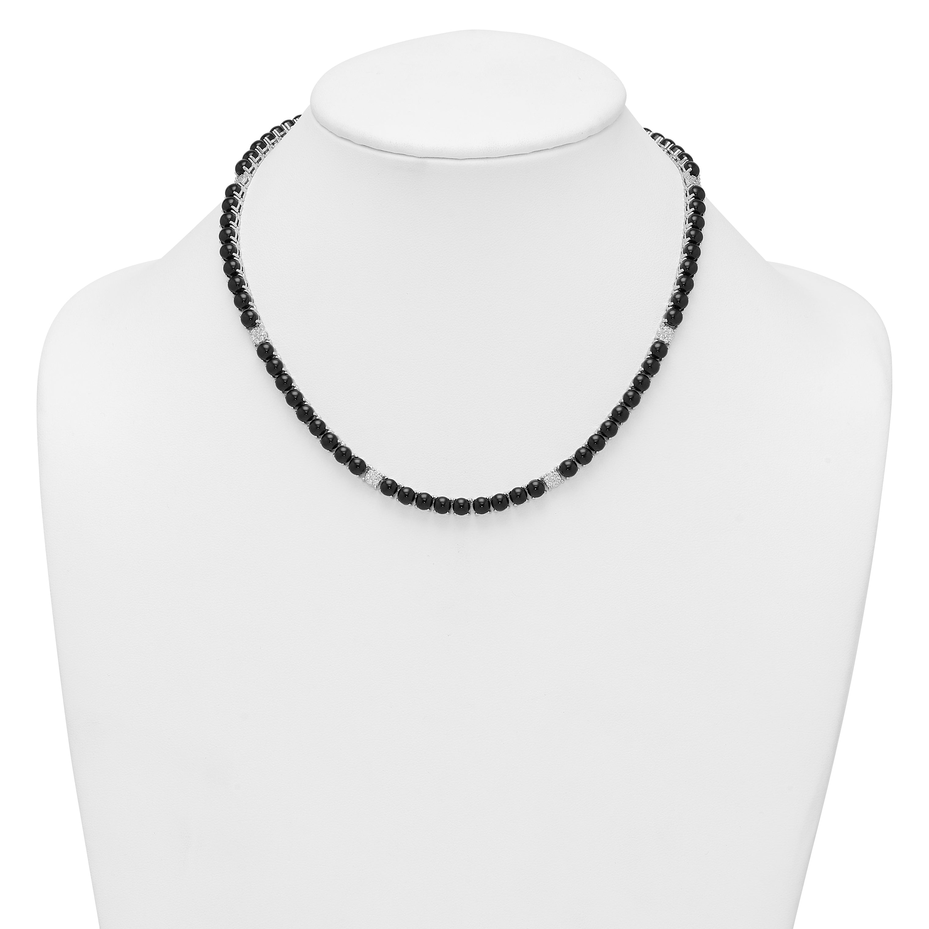 Sterling Silver Rhodium-plated Polished Pave CZ and Onyx 17 Inch with 3 Inch Extension Necklace