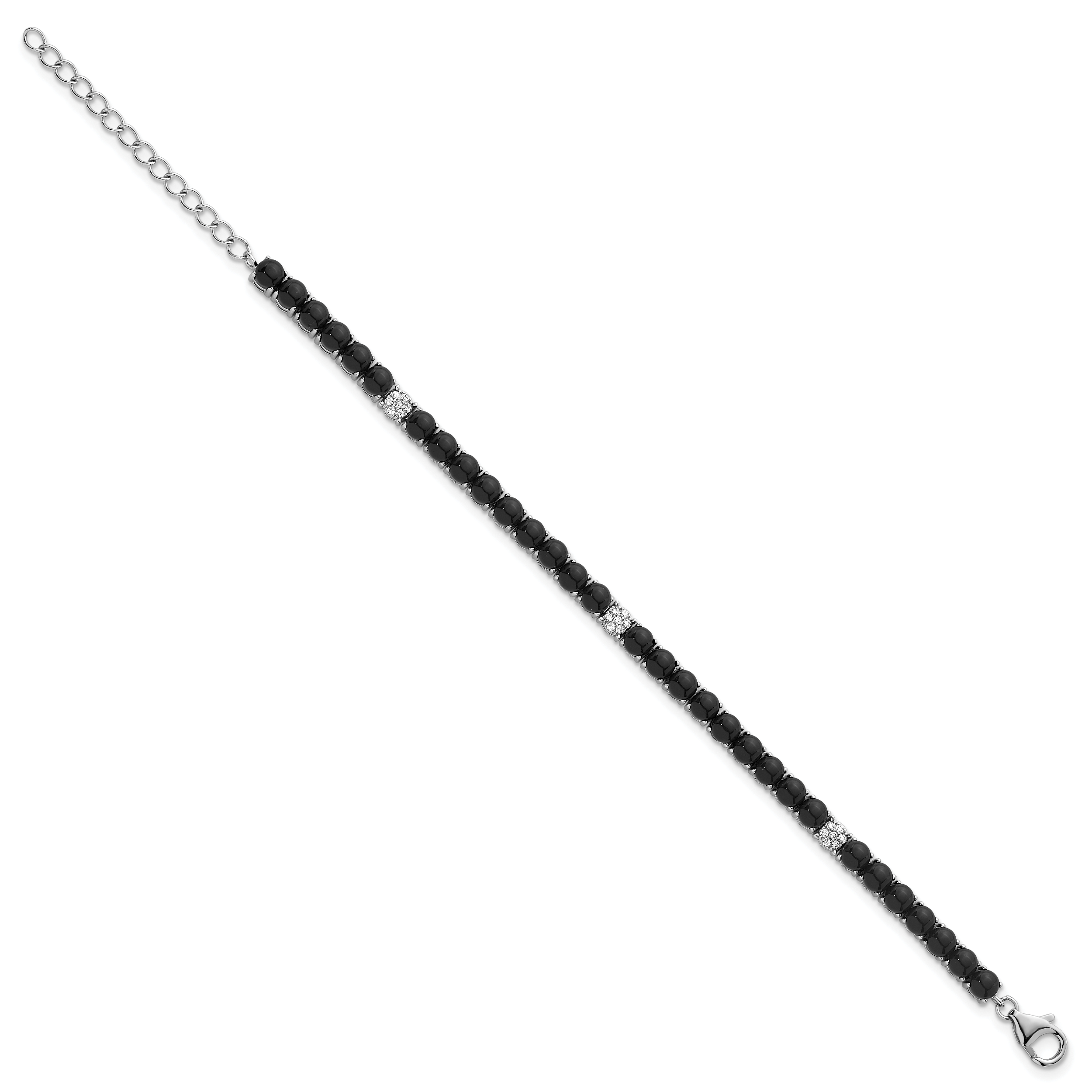 Sterling Silver Rhodium-plated Polished Pave CZ and Onyx 7.5 Inch with 1.5 Inch Extension Bracelet Secondary image