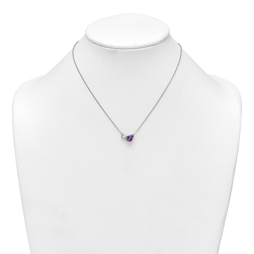 Sterling Silver Rhodium-plated Polished Pear Amethyst and Emerald-cut White Topaz 16 Inch with 2 Inch Extension Necklace
