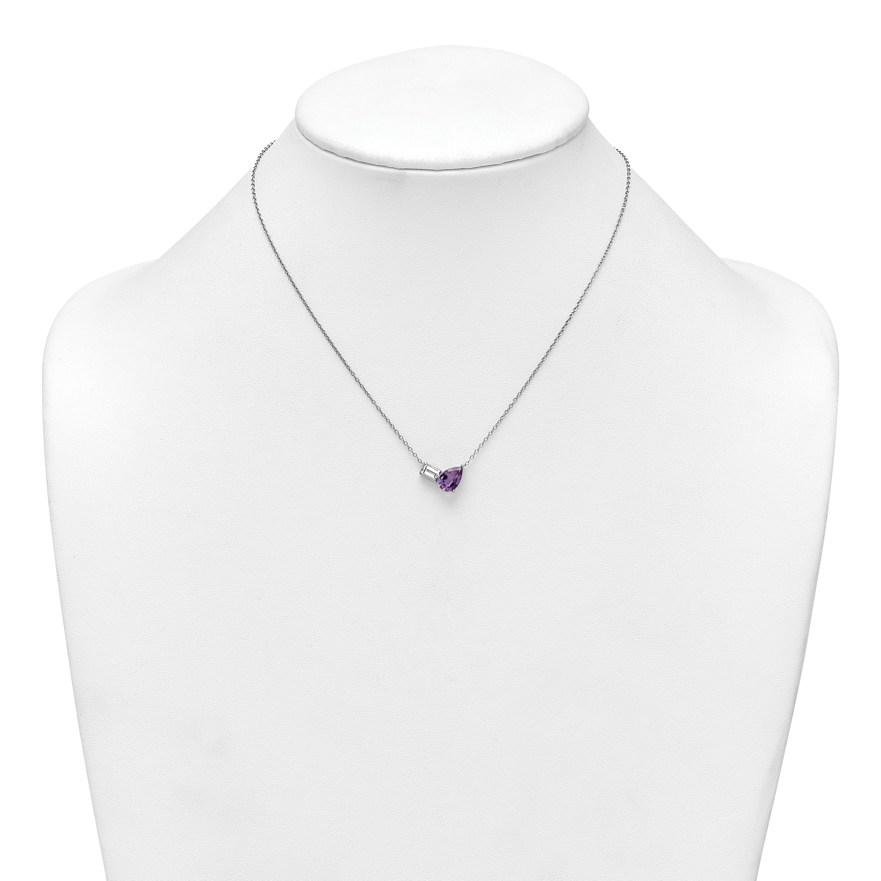 Sterling Silver Rhodium-plated Polished Pear Amethyst and Emerald-cut White Topaz 16 Inch with 2 Inch Extension Necklace
