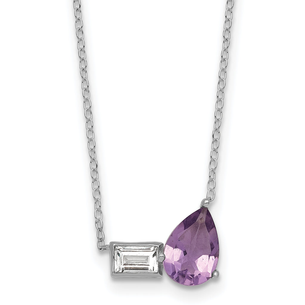 Sterling Silver Rhodium-plated Polished Pear Amethyst and Emerald-cut White Topaz 16 Inch with 2 Inch Extension Necklace
