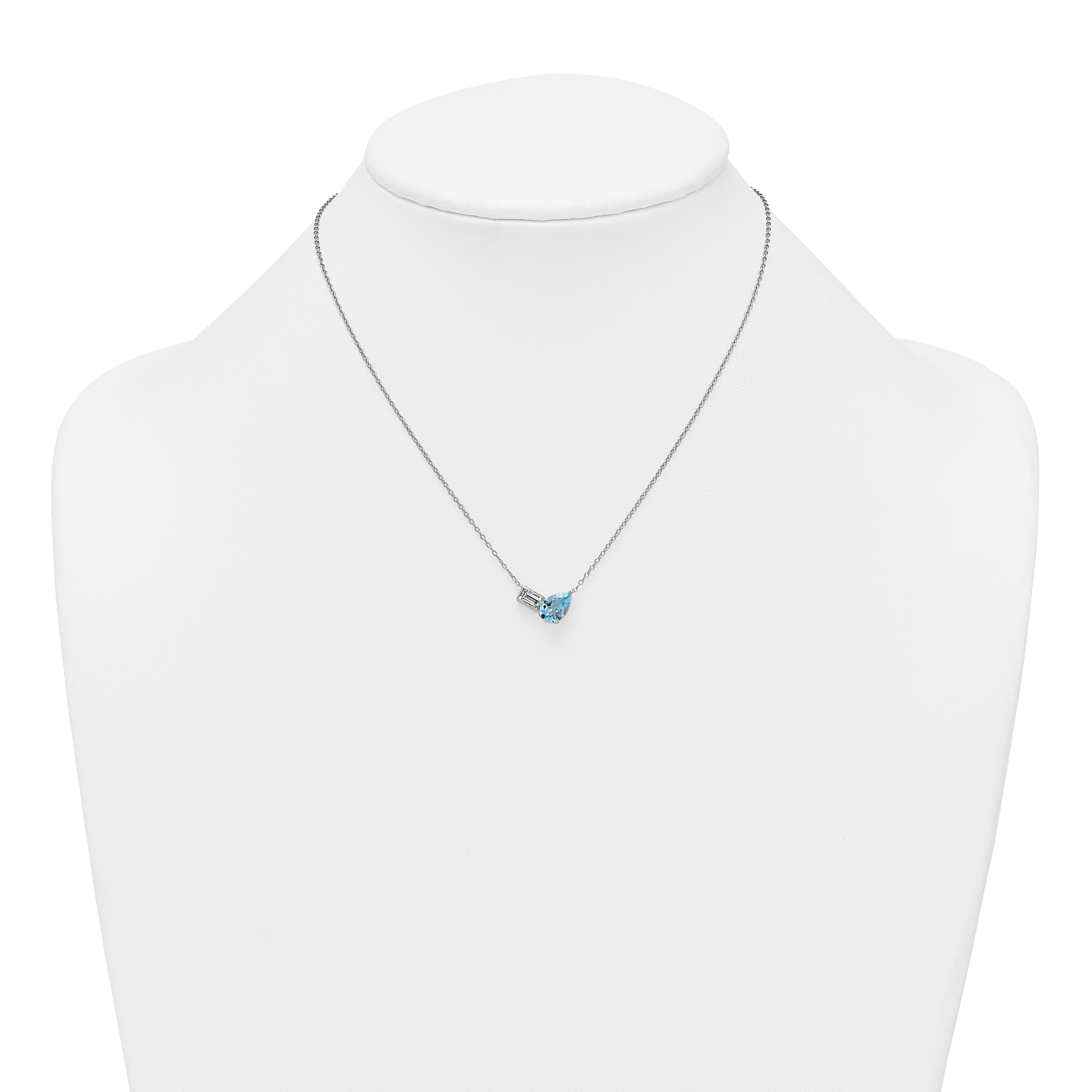 Sterling Silver Rhodium-plated Polished Pear Sky Blue and Emerald-cut White Topaz 16 Inch with 2 Inch Extension Necklace