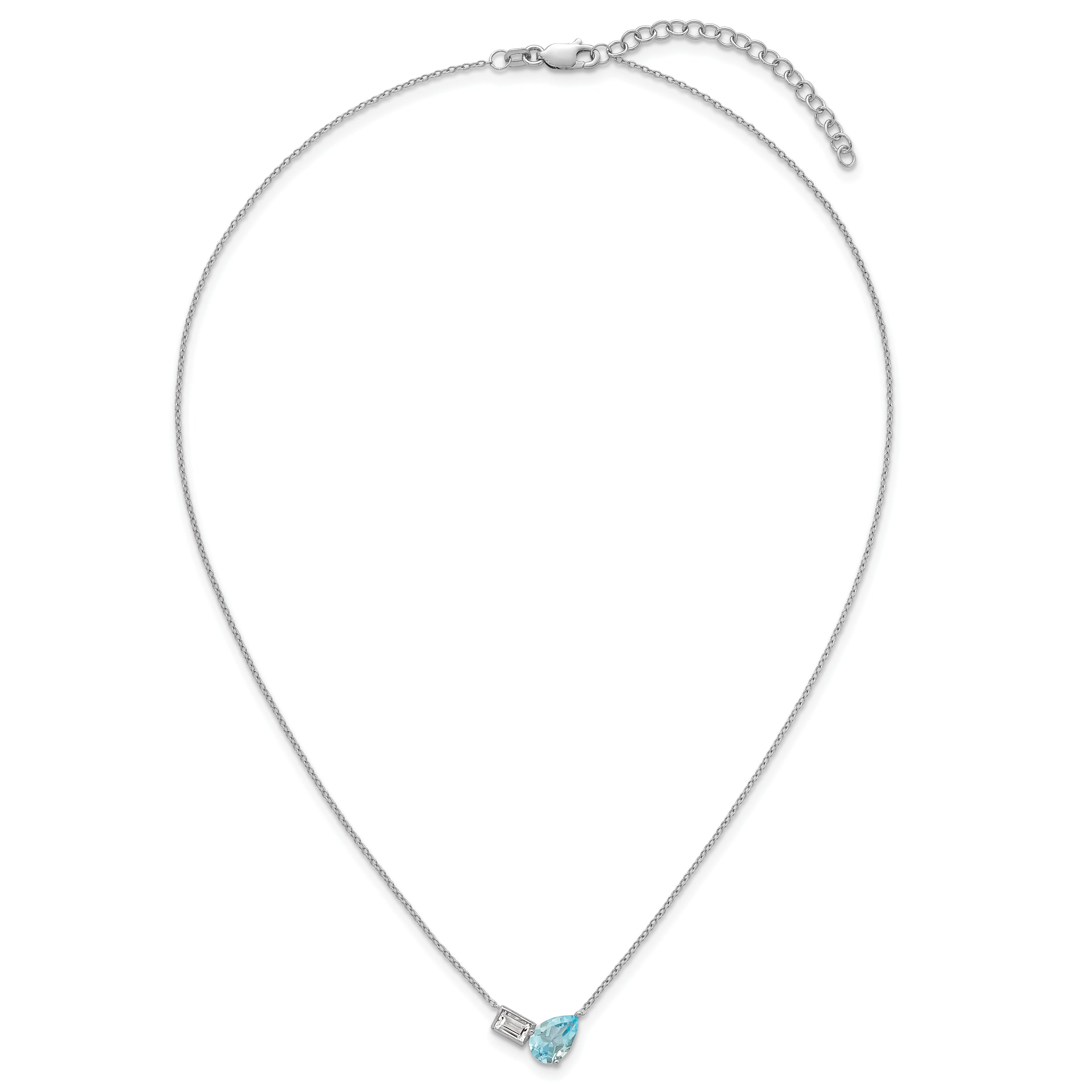Sterling Silver Rhodium-plated Polished Pear Sky Blue and Emerald-cut White Topaz 16 Inch with 2 Inch Extension Necklace