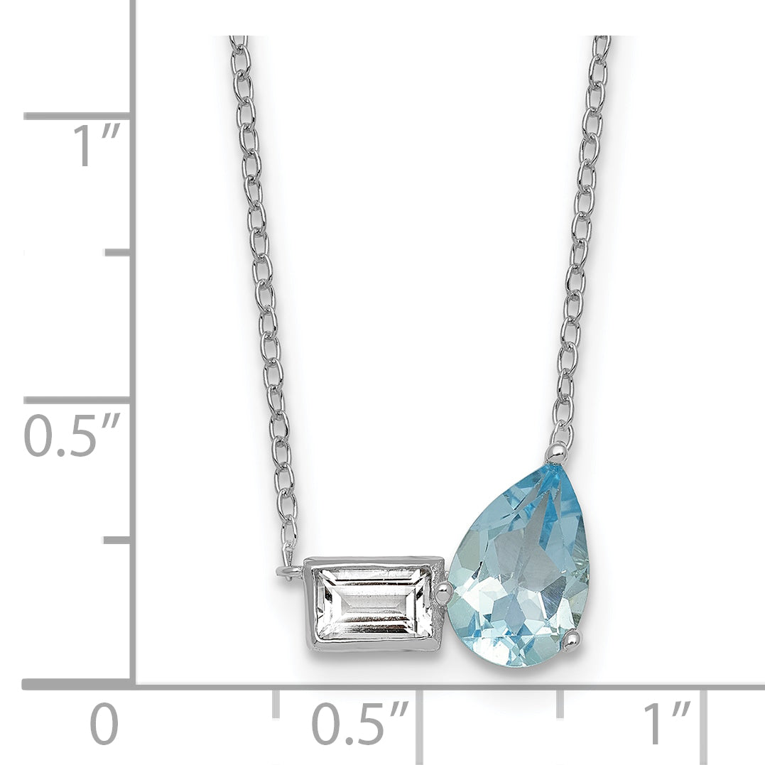 Sterling Silver Rhodium-plated Polished Pear Sky Blue and Emerald-cut White Topaz 16 Inch with 2 Inch Extension Necklace