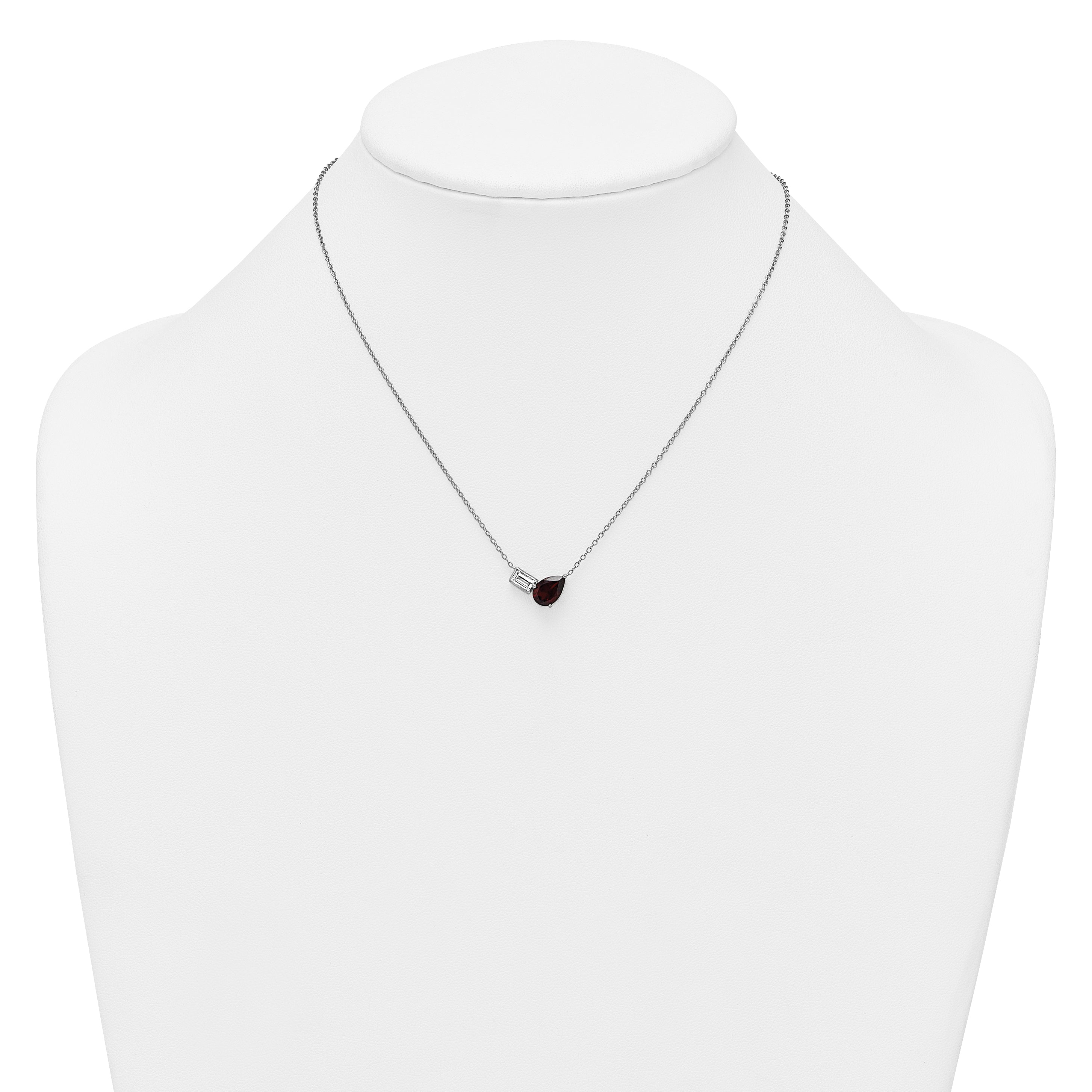 Sterling Silver Rhodium-plated Polished Pear Garnet and Emerald-cut White Topaz 16 Inch with 2 Inch Extension Necklace