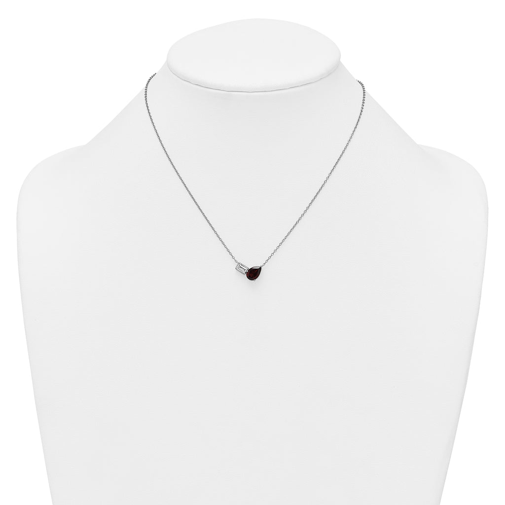 Sterling Silver Rhodium-plated Polished Pear Garnet and Emerald-cut White Topaz 16 Inch with 2 Inch Extension Necklace