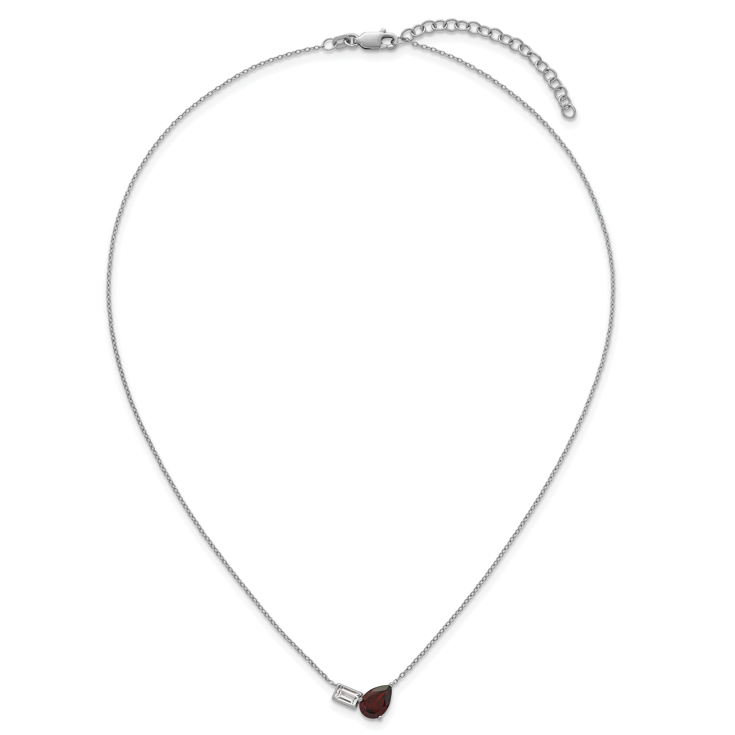 Sterling Silver Rhodium-plated Polished Pear Garnet and Emerald-cut White Topaz 16 Inch with 2 Inch Extension Necklace
