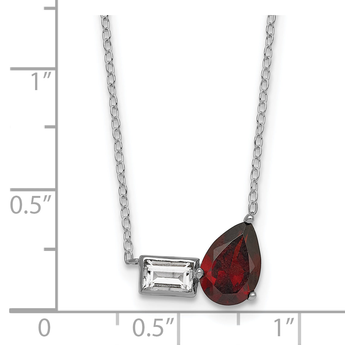 Sterling Silver Rhodium-plated Polished Pear Garnet and Emerald-cut White Topaz 16 Inch with 2 Inch Extension Necklace